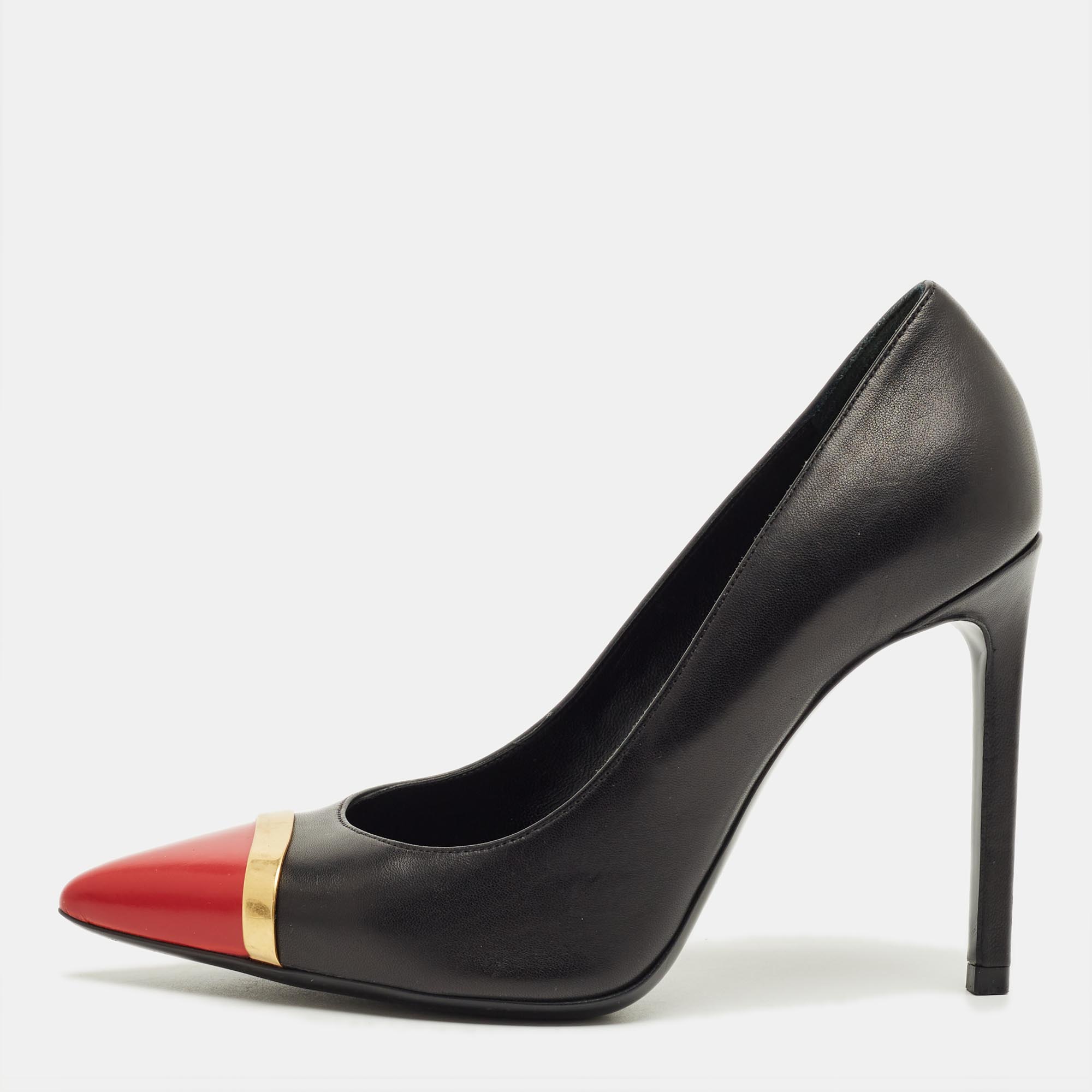 

Saint Laurent Janis Size  Black/Red Leather Metal Trim Pointed Toe Pumps