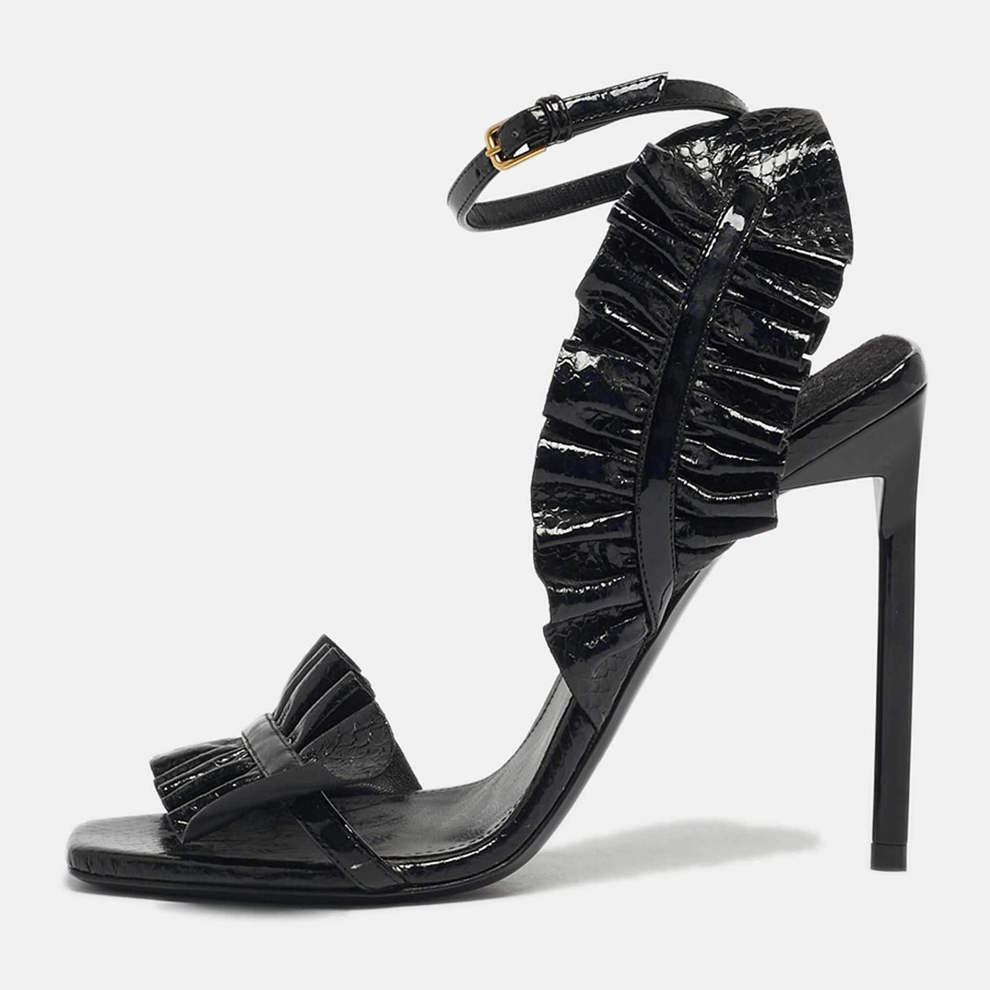 Pre-owned Saint Laurent Size 35 Black Snakeskin Embossed Patent Leather Ankle Strap Sandals