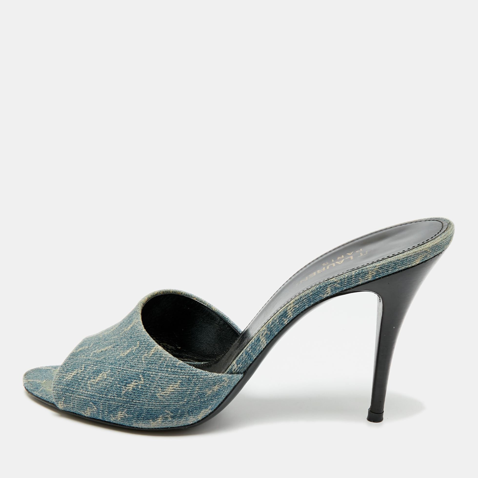 Pre-owned Saint Laurent La 16' Size 36.5 Blue Denim Monogram Slide Sandals