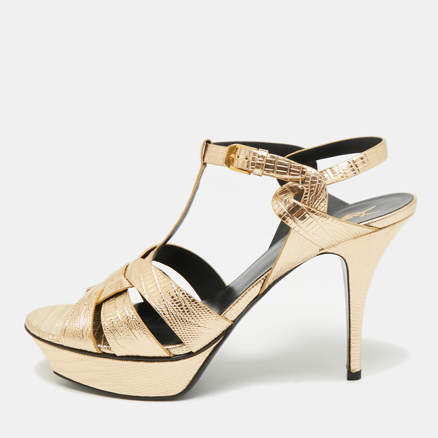 Pre-owned Saint Laurent Tribute Size 41 Metallic Gold Lizard Embossed Leather Platform Sandals