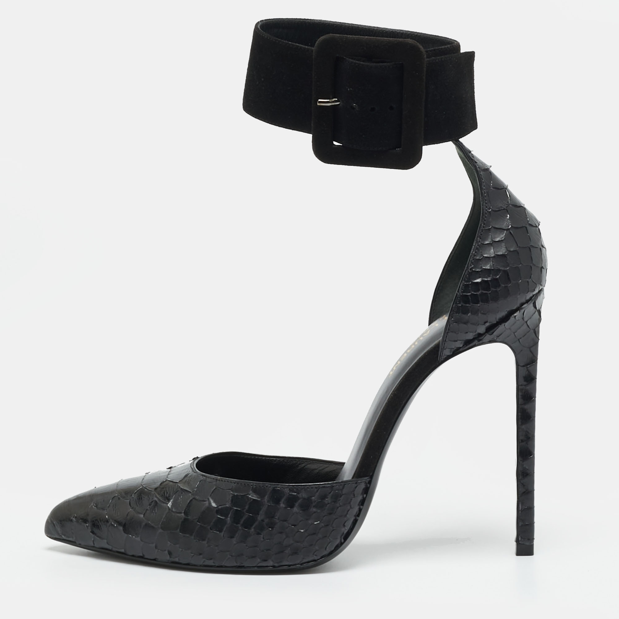 Pre-owned Saint Laurent Escarpin Size 39.5 Black Python And Suede Ankle Cuff Pumps