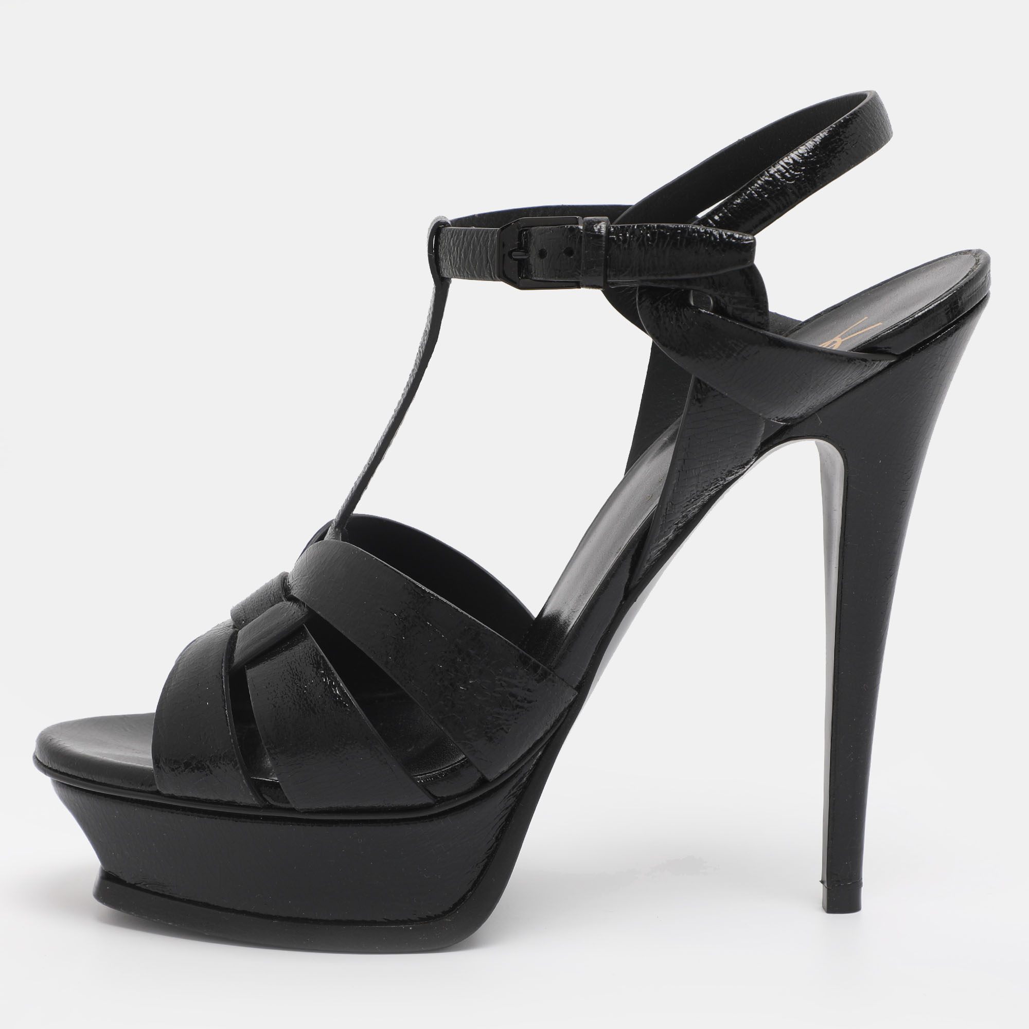Pre-owned Saint Laurent Tribute Size 40 Black Patent Leather Platform Sandals