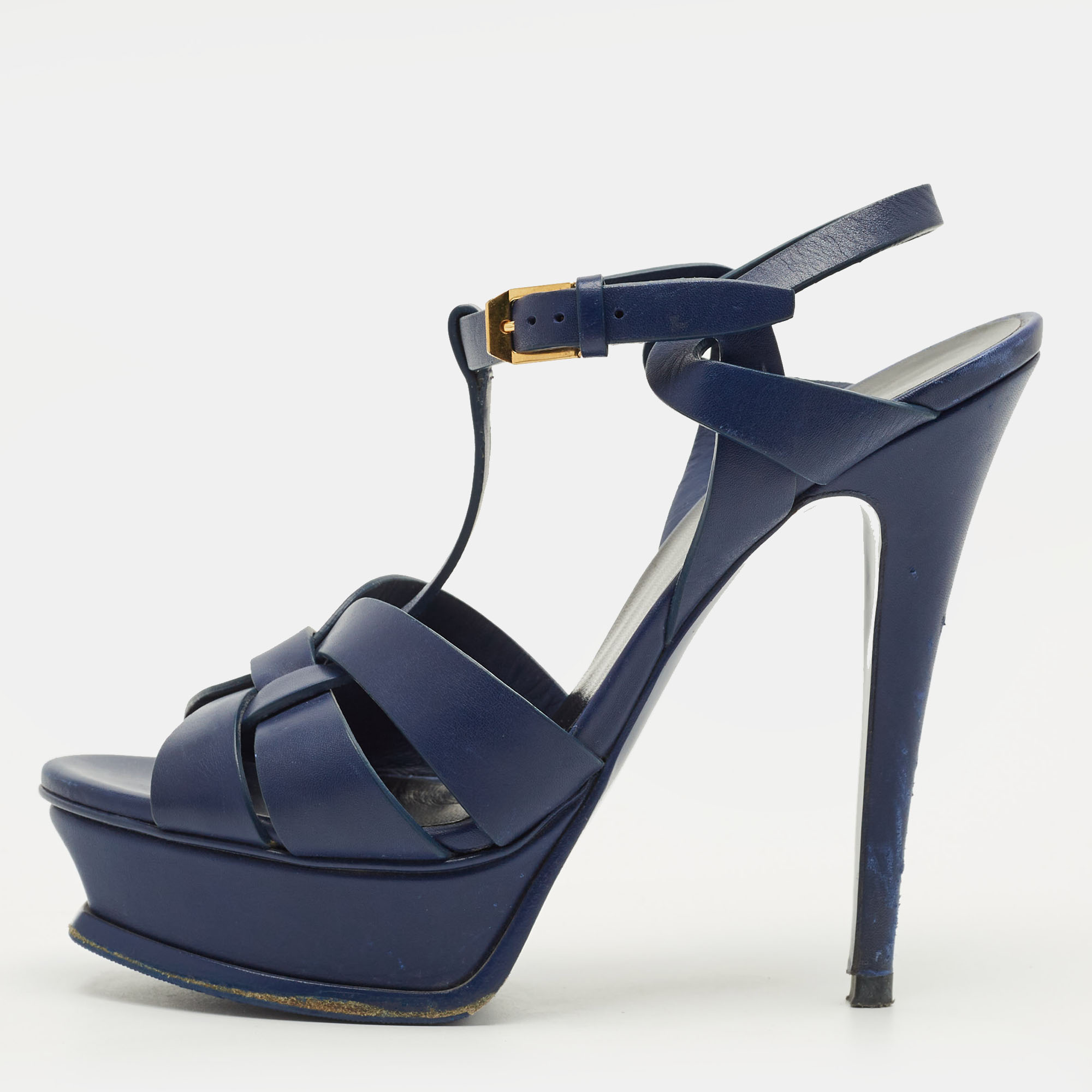 Pre-owned Saint Laurent Tribute Size 37.5 Blue Leather Ankle Strap Sandals