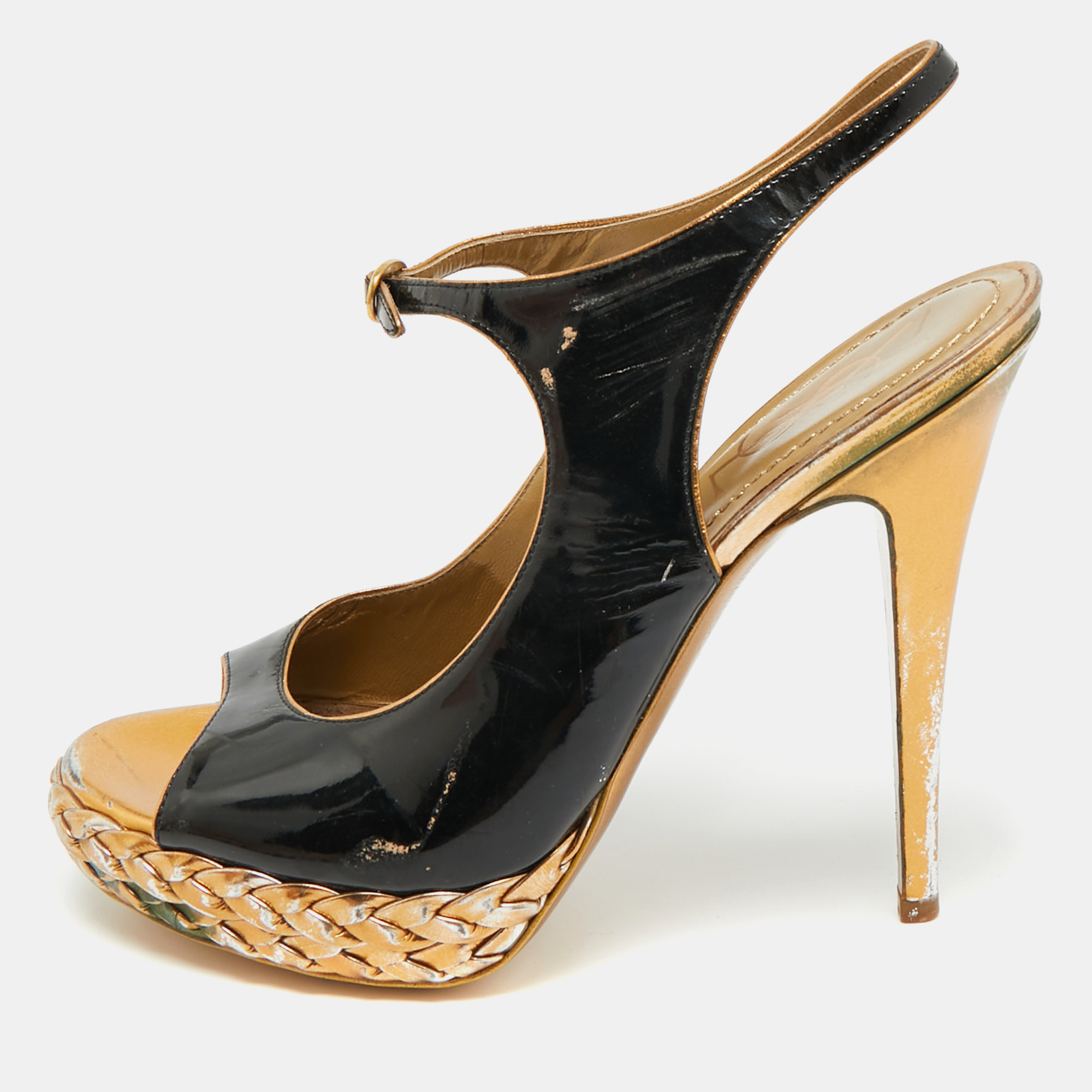 Pre-owned Saint Laurent Size 38.5 Black Patent Leather Platform Ankle Strap Sandals