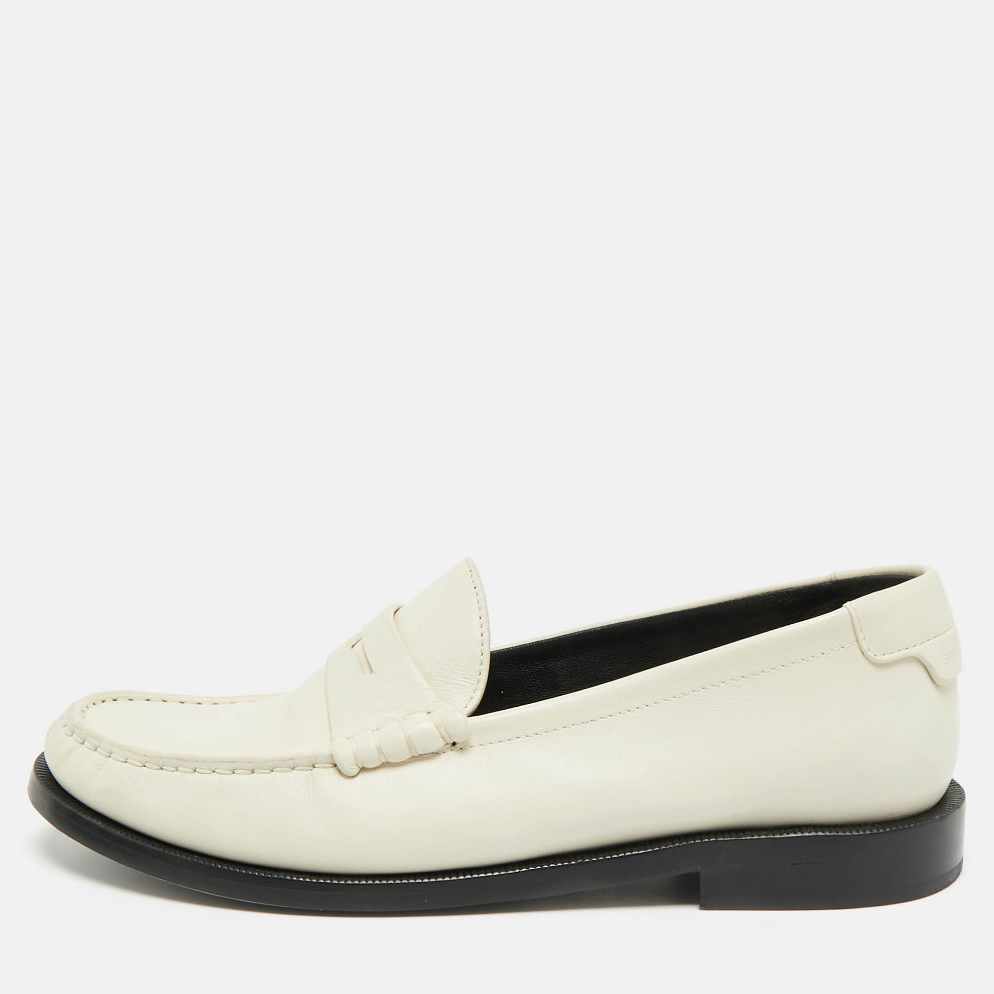 Pre-owned Saint Laurent Le Loafer Size 38 Cream Leather Penny Loafers In White