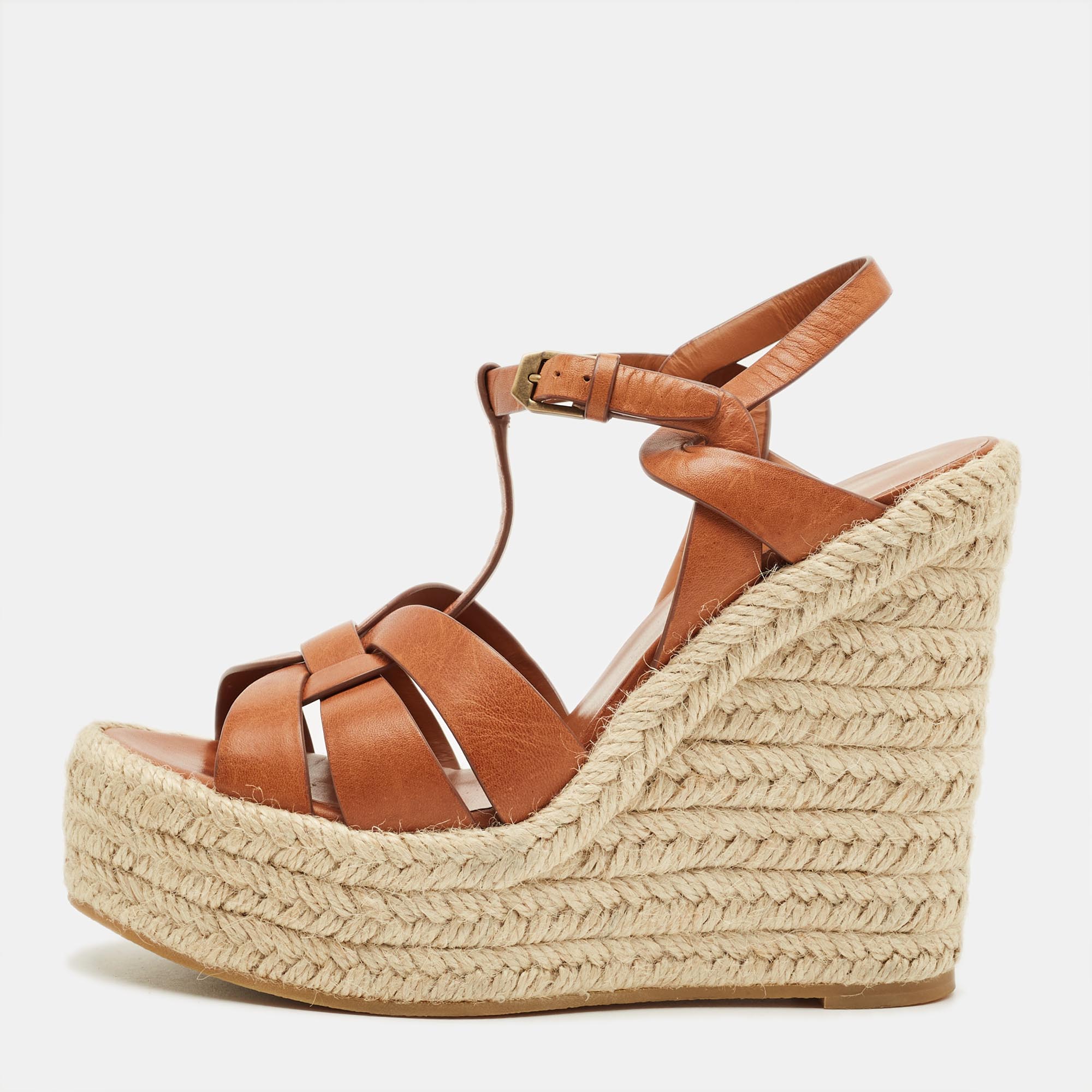 

Saint Laurent Tribute Size  Brown Leather Espadrille Wedge Sandals
