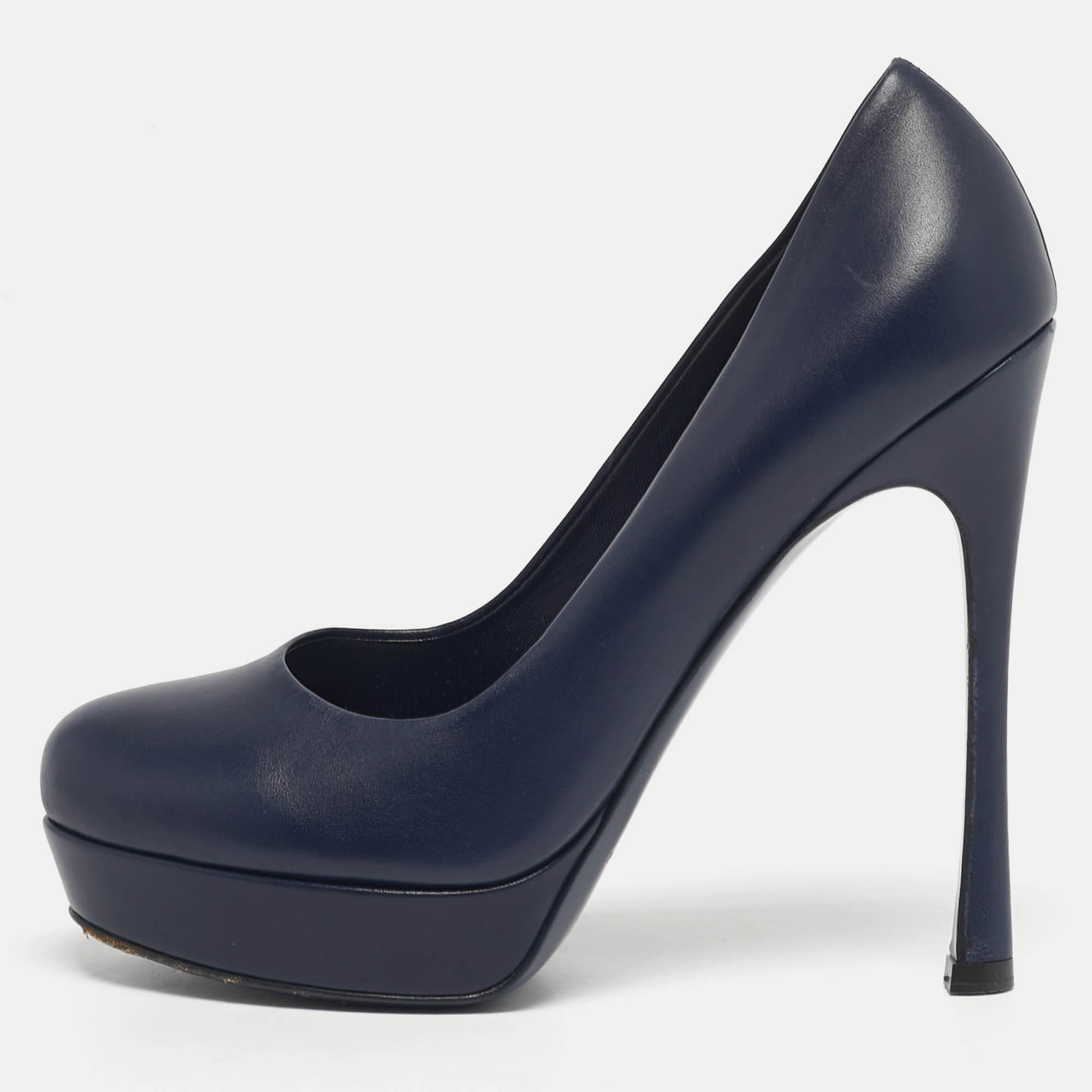Pre-owned Saint Laurent Tribtoo Size 38.5 Navy Blue Leather Platform Pumps