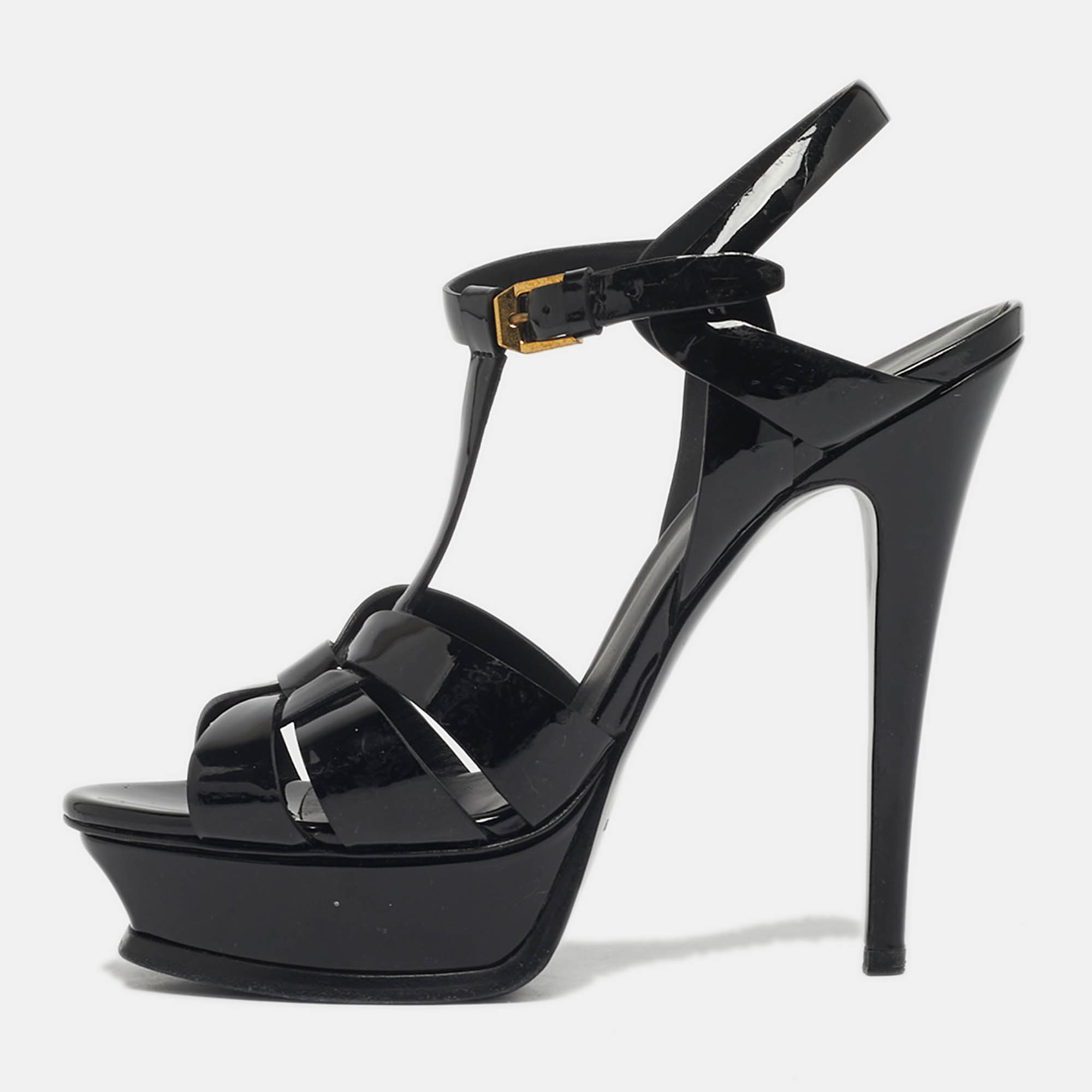 Pre-owned Saint Laurent Size 38 Black Patent Leather Platform Sandals