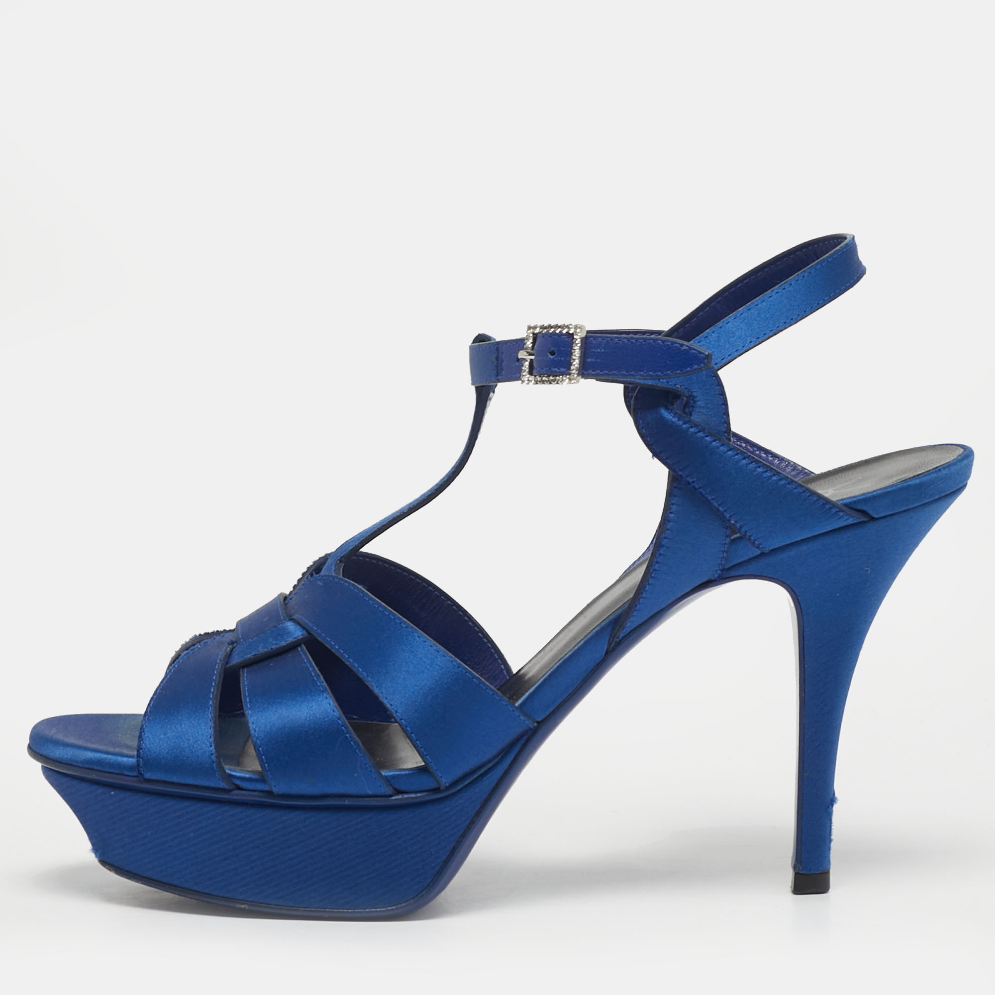 Pre-owned Saint Laurent Tribute Size 39 Blue Satin Platform Sandals