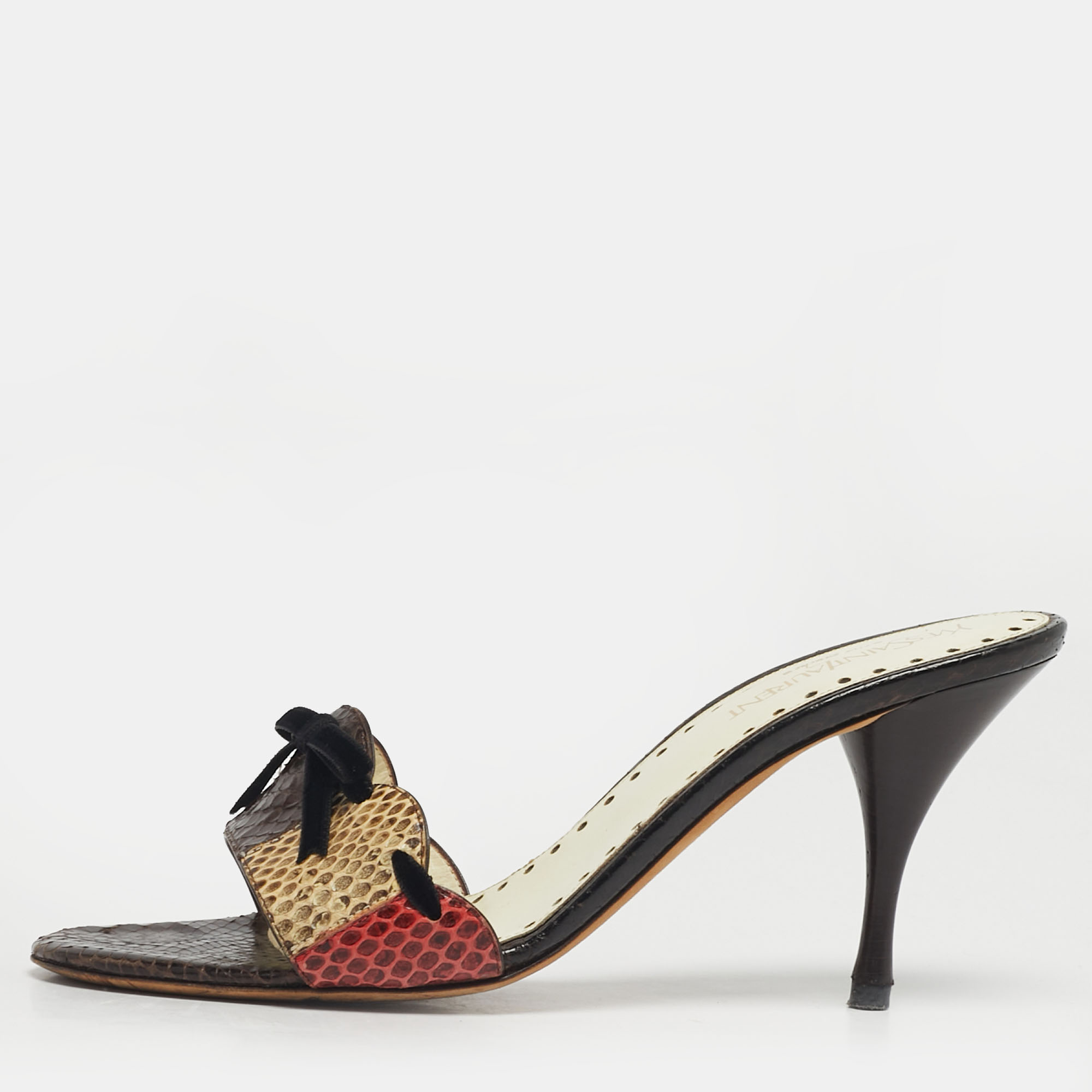 

Saint Laurent Size  Multicolor Snakeskin Leather Bow Slide Sandals