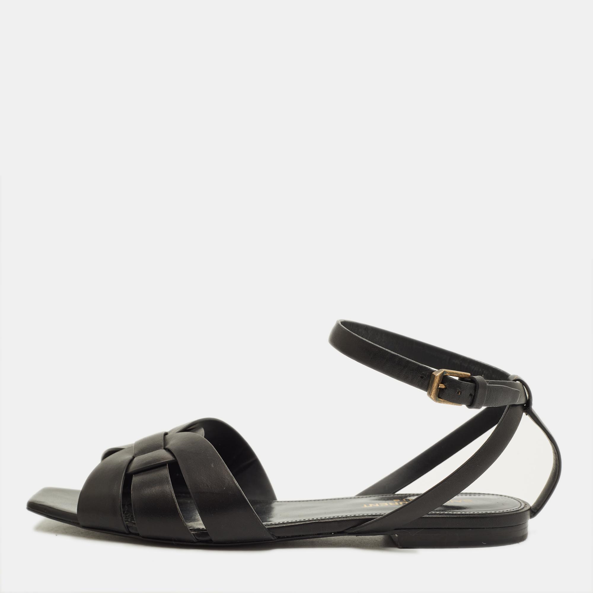 

Saint Laurent Tribute Size  Black Leather Ankle Strap Flat Sandals
