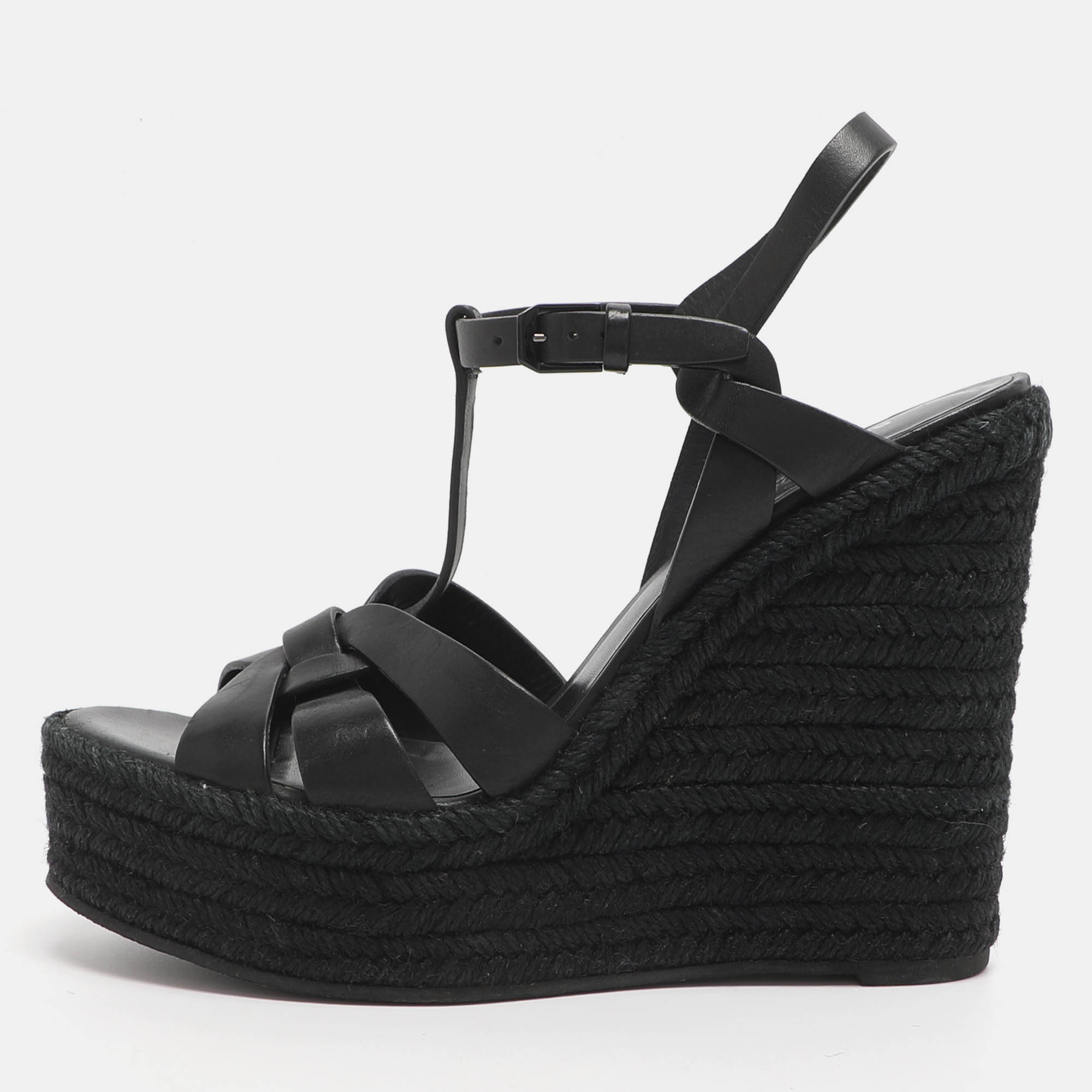 

Saint Laurent Black Leather Tribute Espadrille Wedge Sandals Size