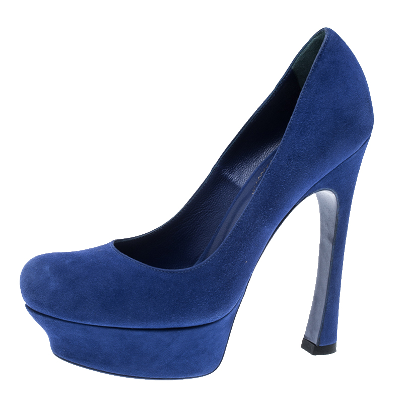 مملوكة مسبقًا حذاء كعب عالي سان لوران باريس بالياس سويدي أزرق كوبالت نعل سميك مقاس 38