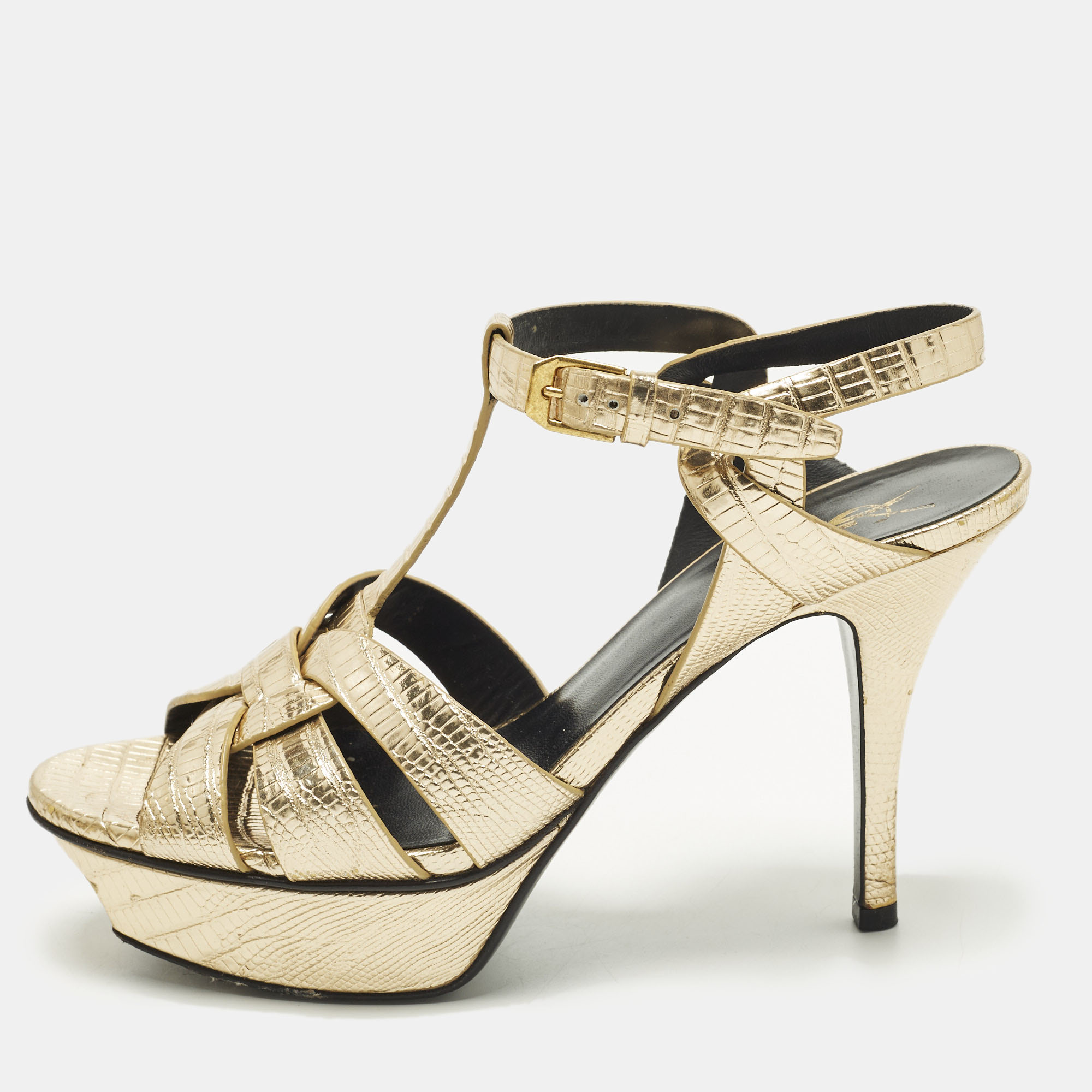 

Saint Laurent Tribute Size  Gold Lizard Embossed Leather Platform Sandals