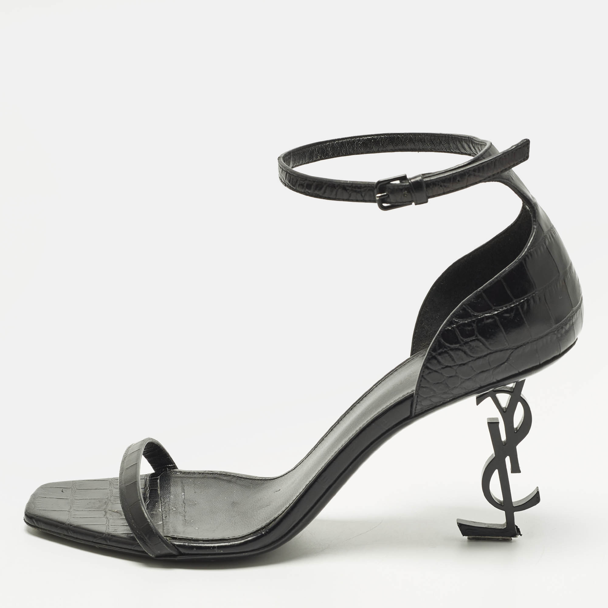 

Saint Laurent Opyum Size  Black Croc Embossed Leather Ankle Strap Sandals