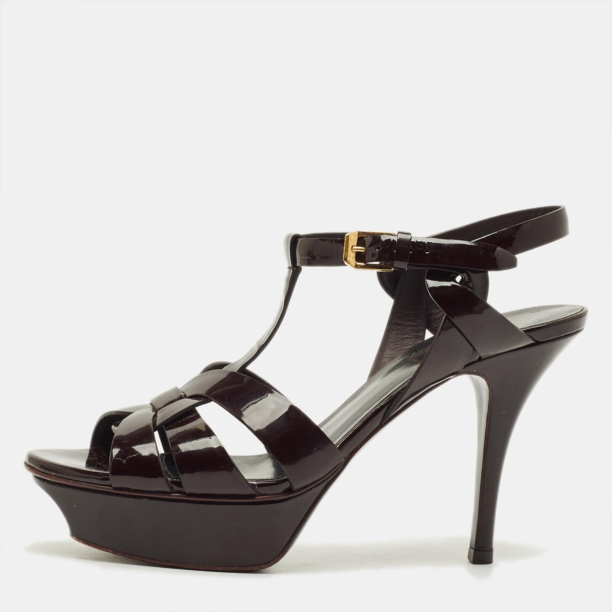 

Saint Laurent Burgundy Patent Leather Tribute Platform Sandals Size 37.5
