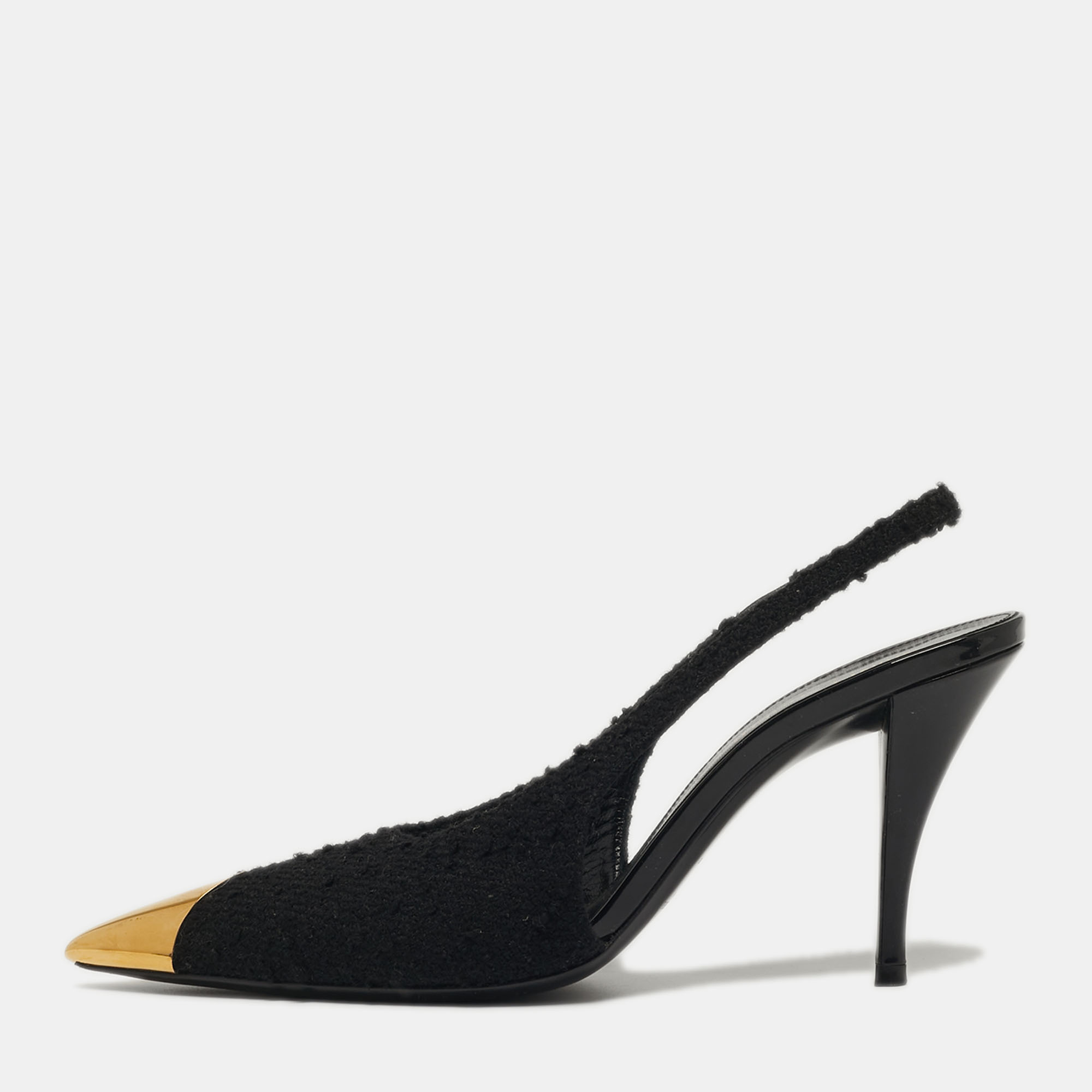

Saint Laurent Jeanne Size  Black Metal and Tweed Slip Pumps