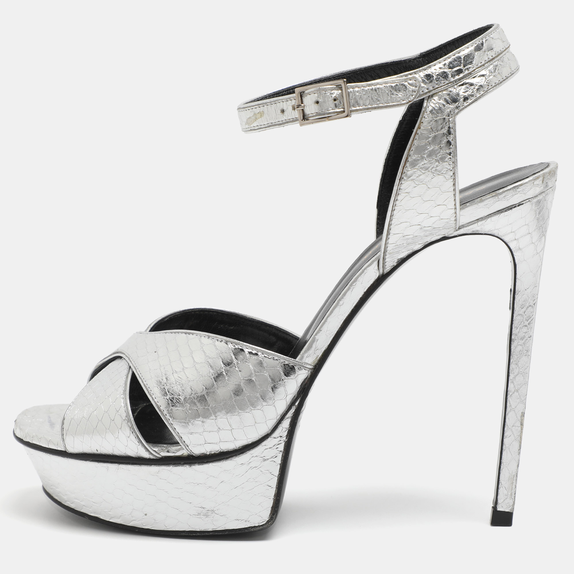 

Saint Laurent Paris Bianca Size 39.5 Silver Python Leather Platform Sandals