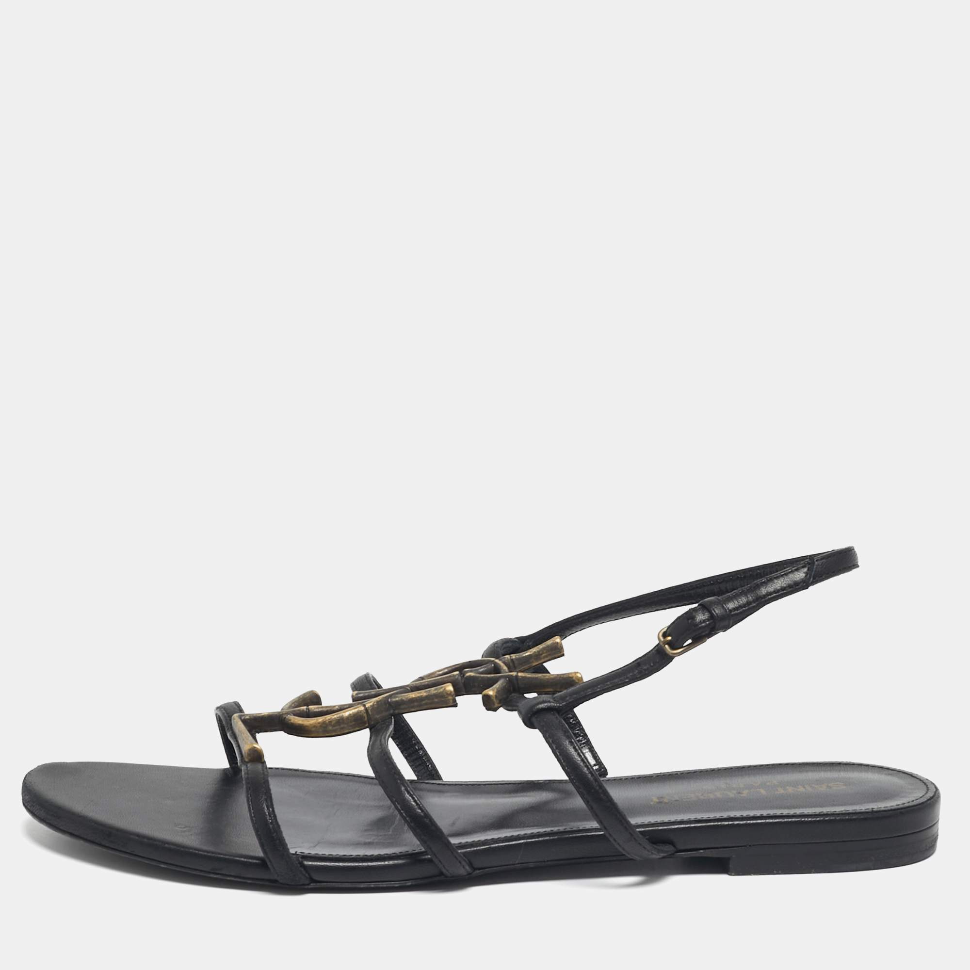 

Saint Laurent Size  Black Leather Cassandra Slingback Flat Sandals
