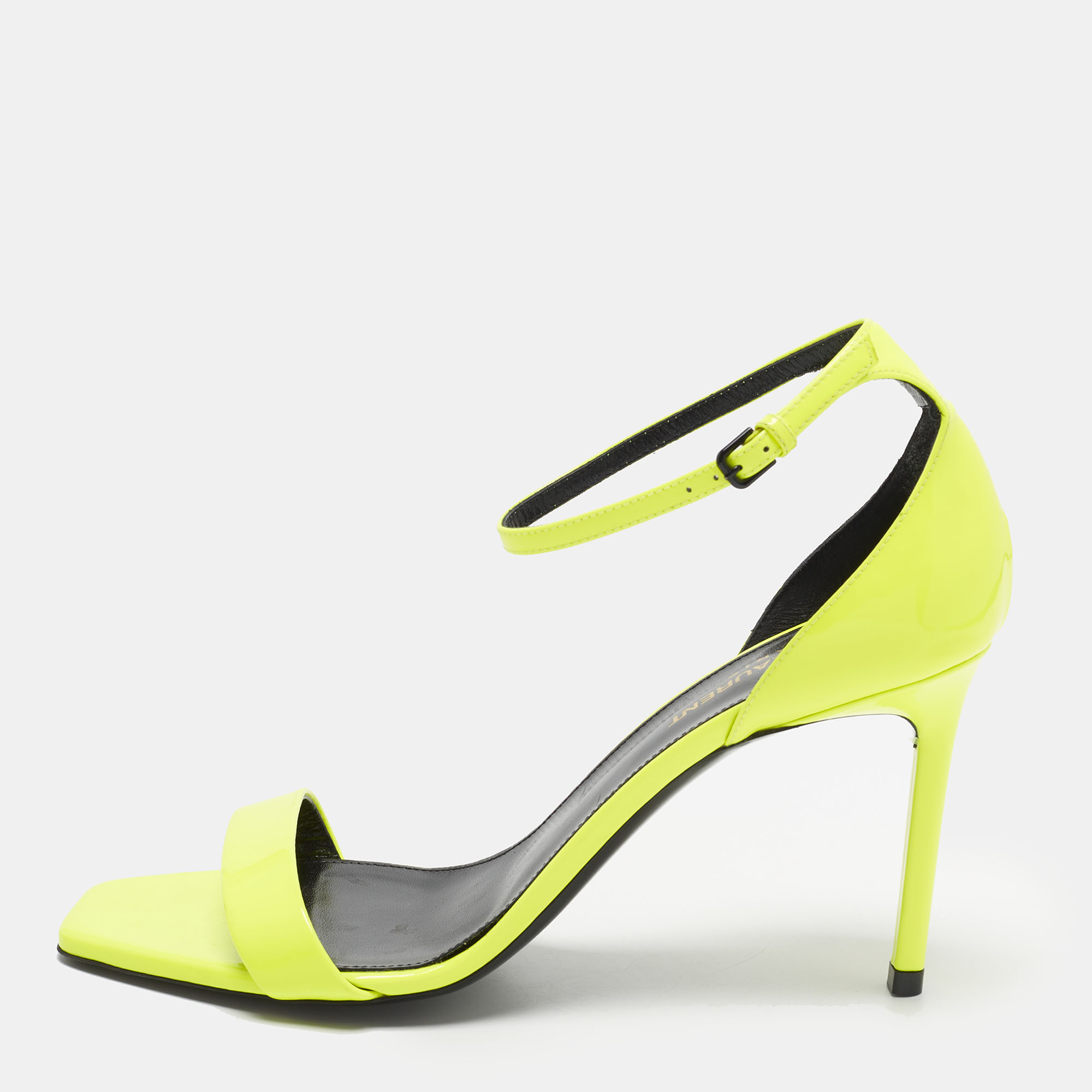 

Saint Laurent Amber Size  Neon Yellow Patent Leather Ankle Strap Sandals