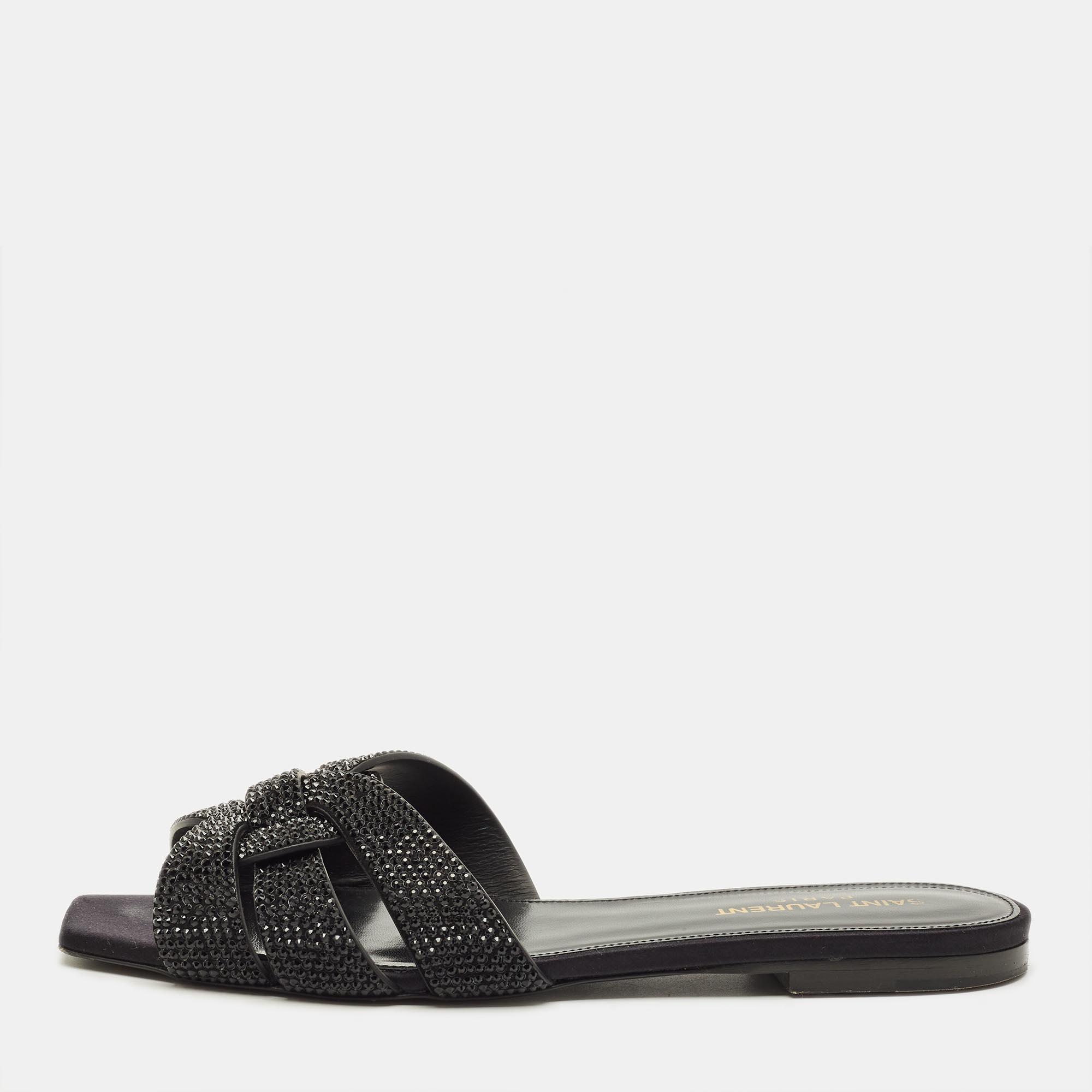 Pre-owned Saint Laurent Tribute Size 38 Black Leather Flat Slides
