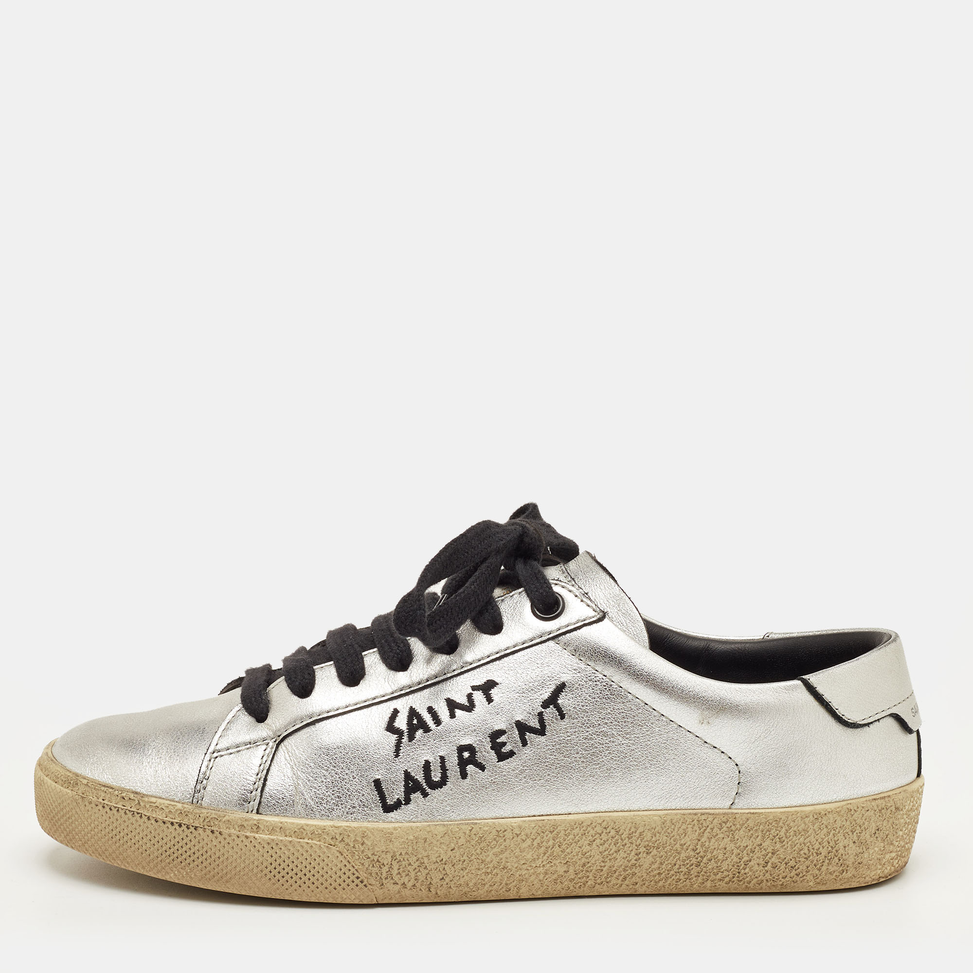 

Saint Laurent Court Classic Size  Silver Leather Low Top Sneakers