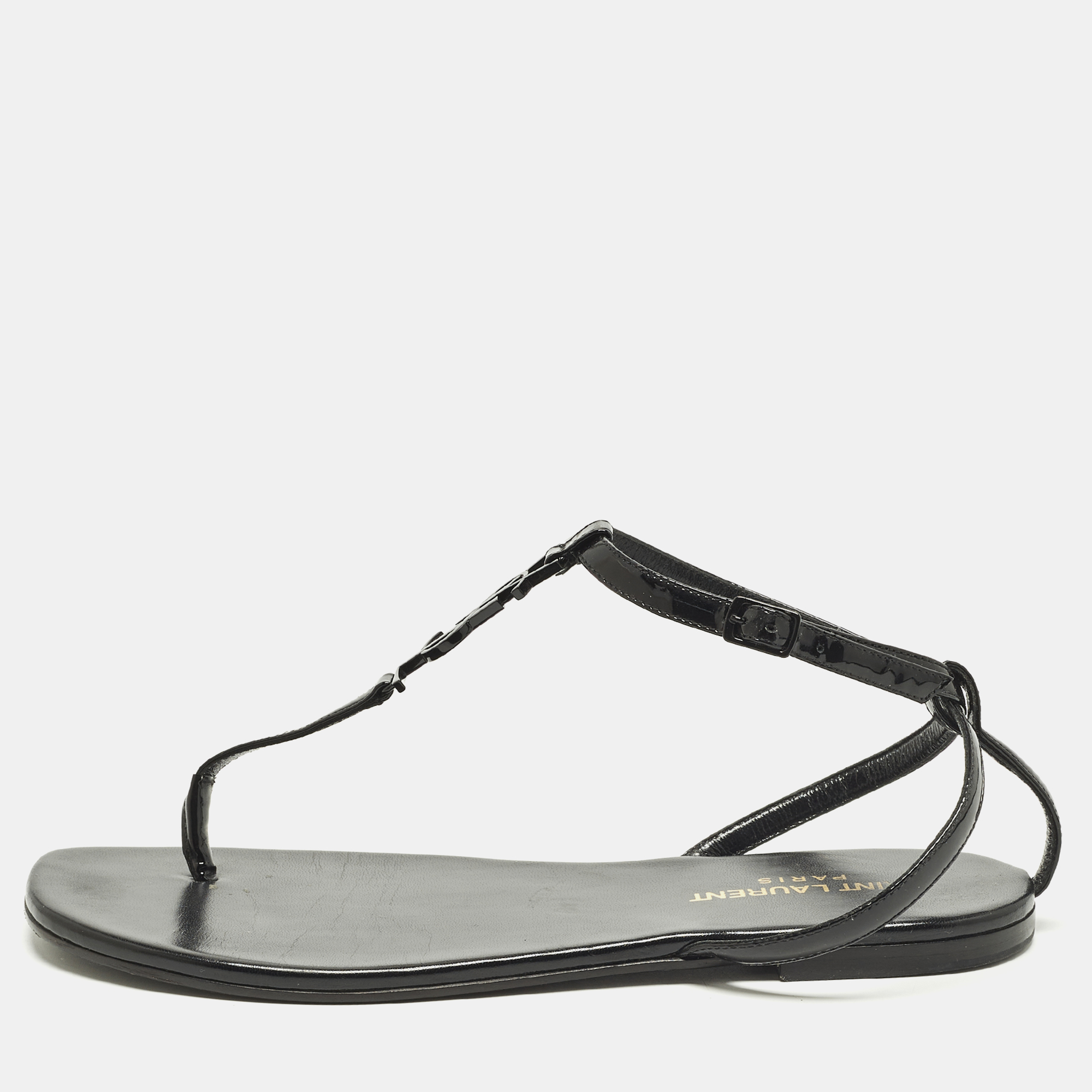 

Saint Laurent Cassandra Size  Black Leather and Patent Leather Flat Sandals