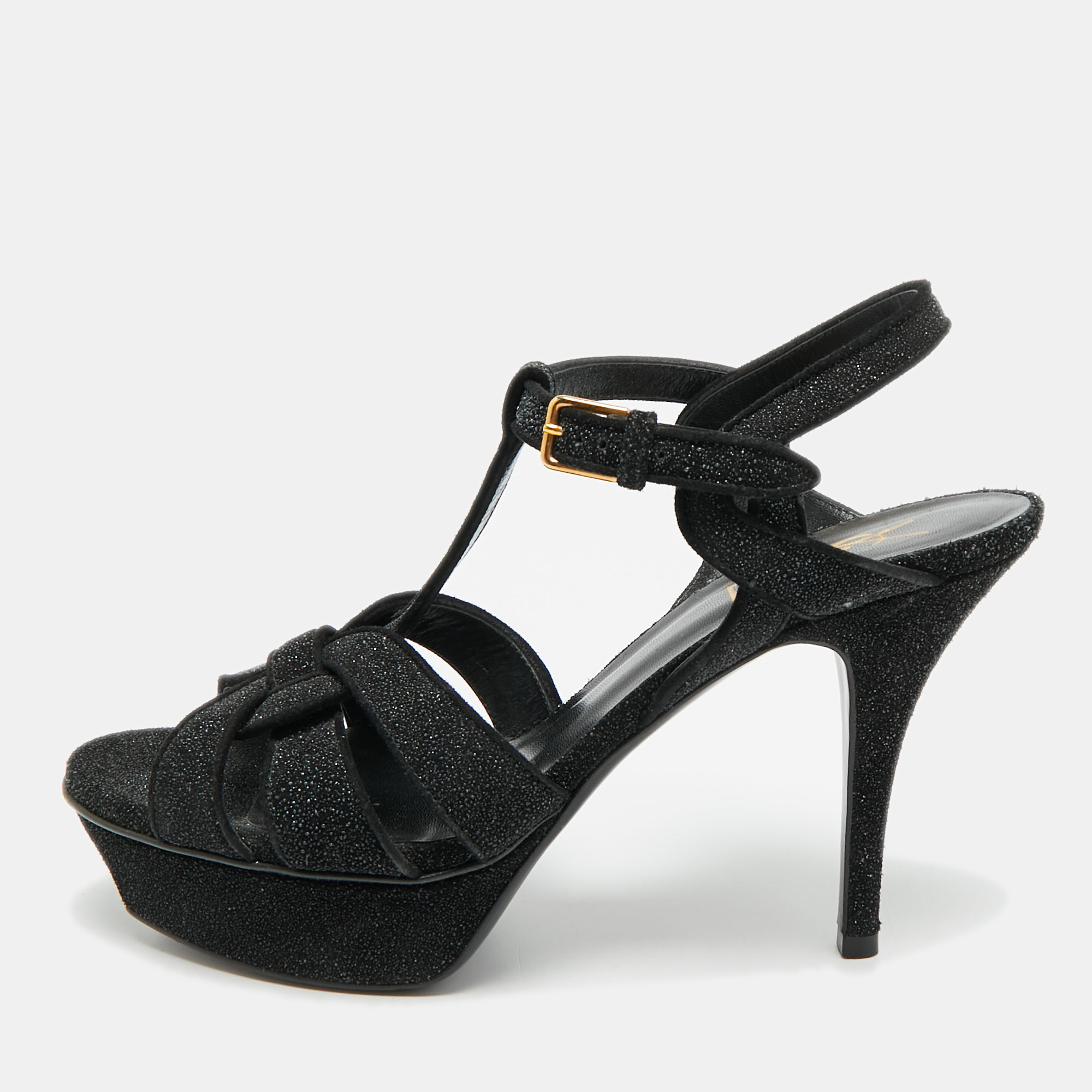 

Saint Laurent Tribute Size  Black Texture Suede Ankle Strap Sandals
