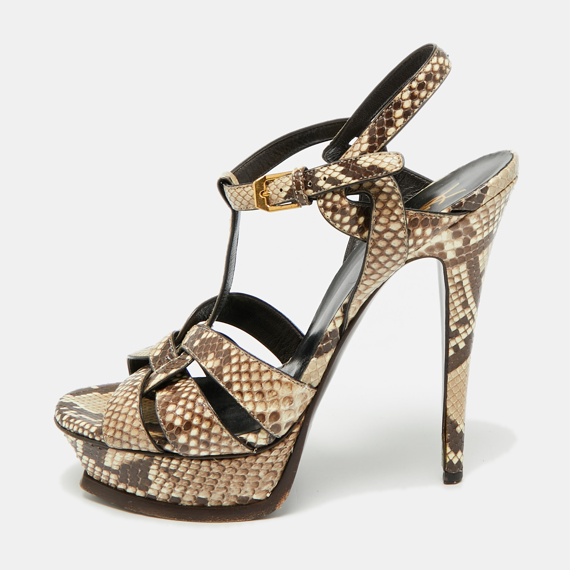 

Saint Laurent Tribute Size  Dark Brown/Beige Python Leather Ankle Strap Sandals