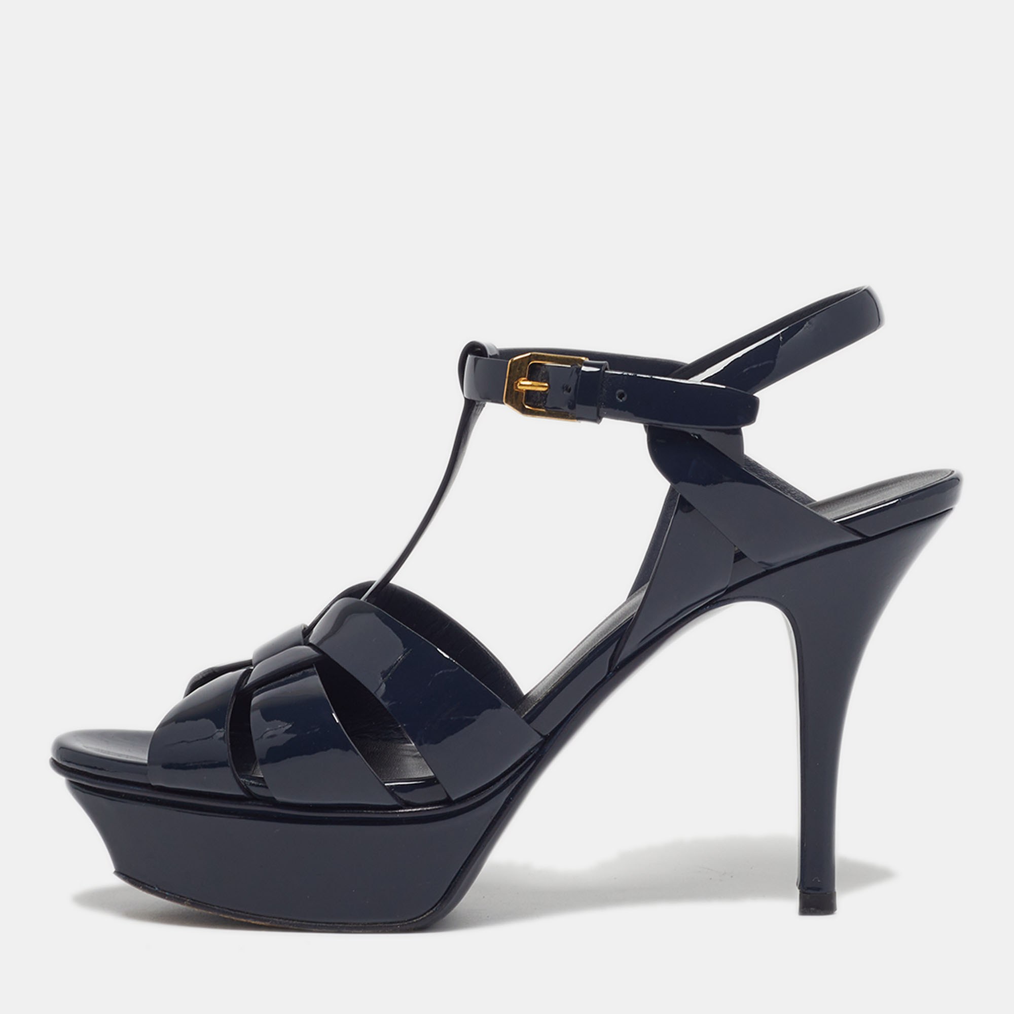 

Saint Laurent Tribute Size  Navy Blue Patent Leather Ankle Strap Sandals