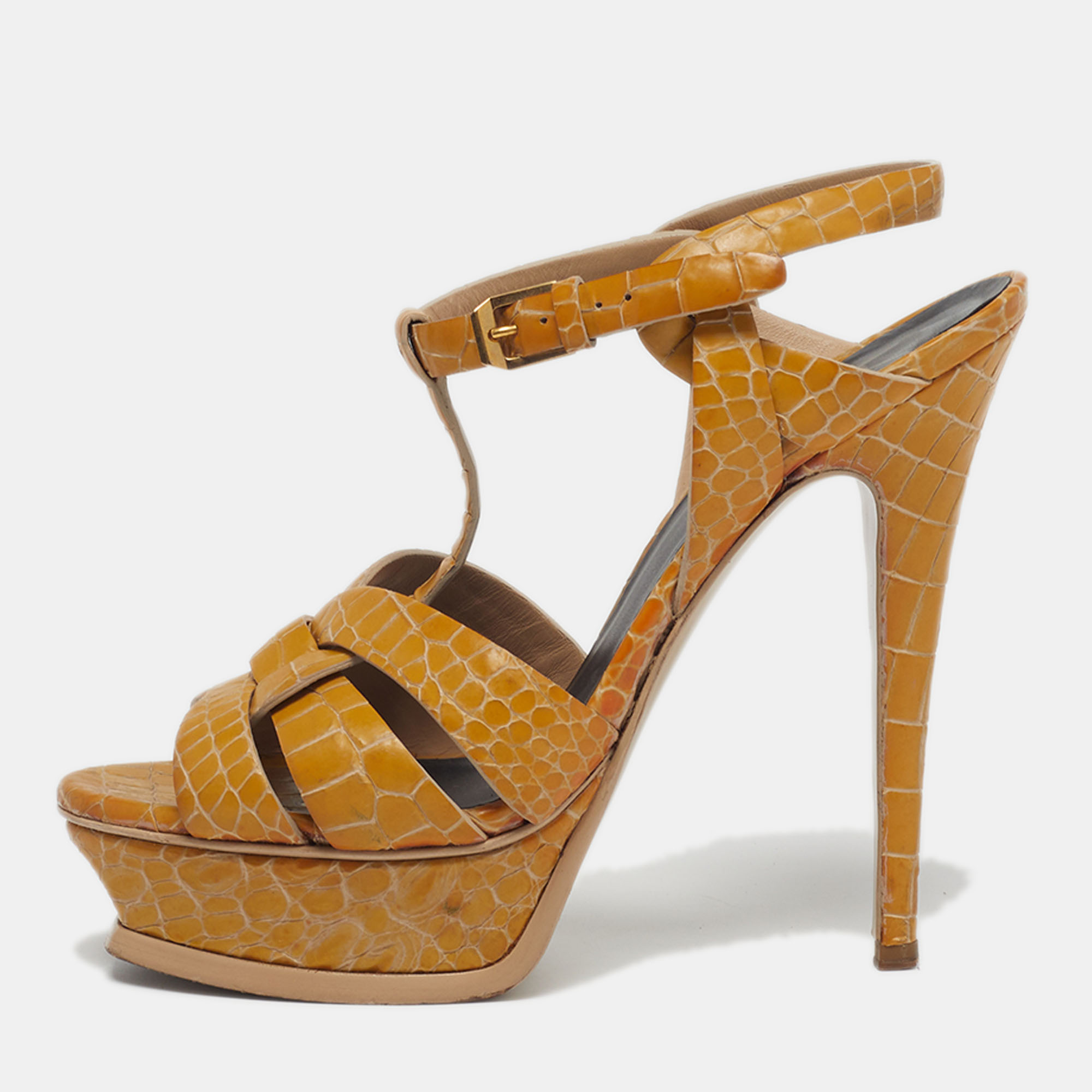 

Saint Laurent Tribute Size  Yellow/Brown Croc Embossed Leather Platform Sandals