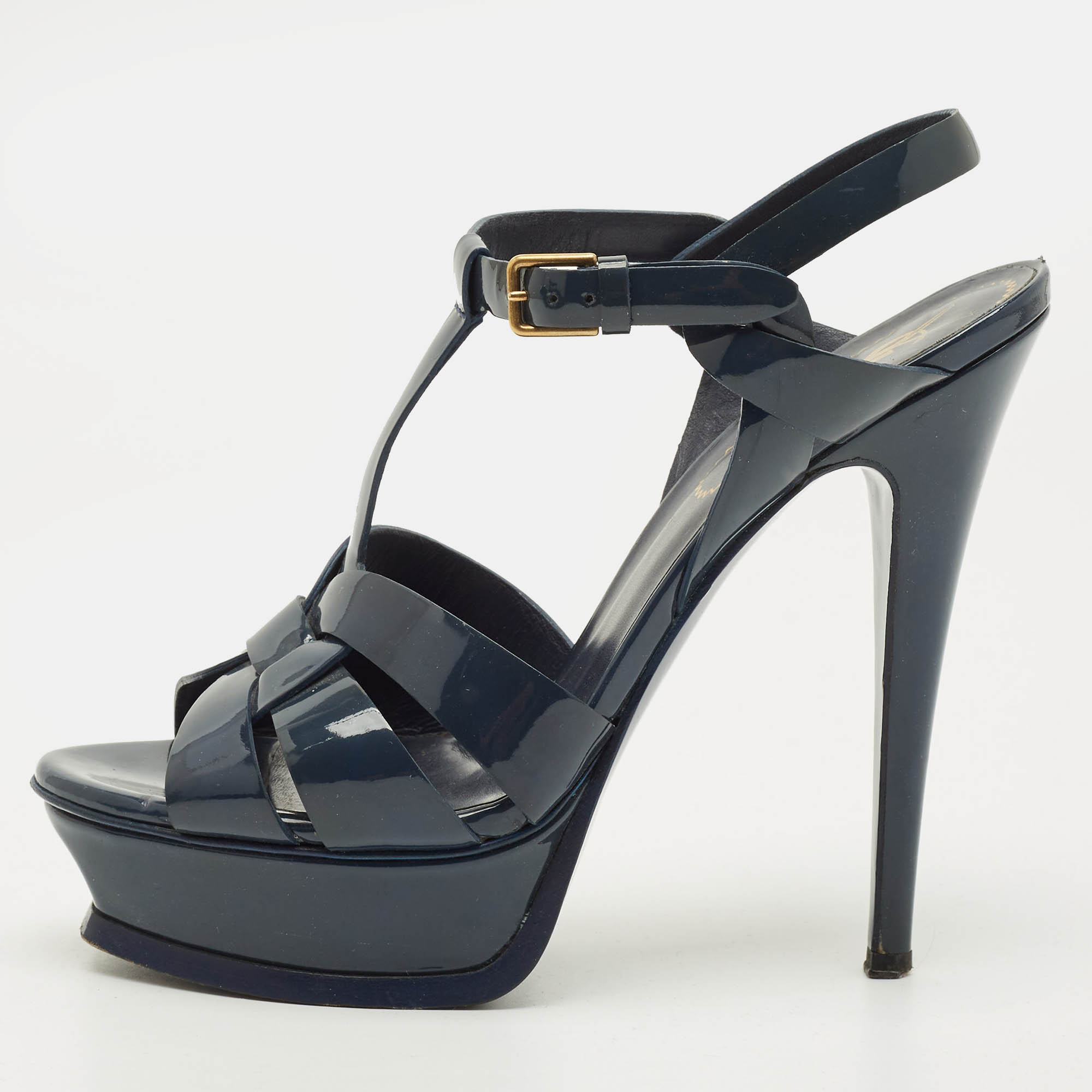 Pre-owned Saint Laurent Tribute Size 37 Navy Blue Patent Leather Platform Sandals