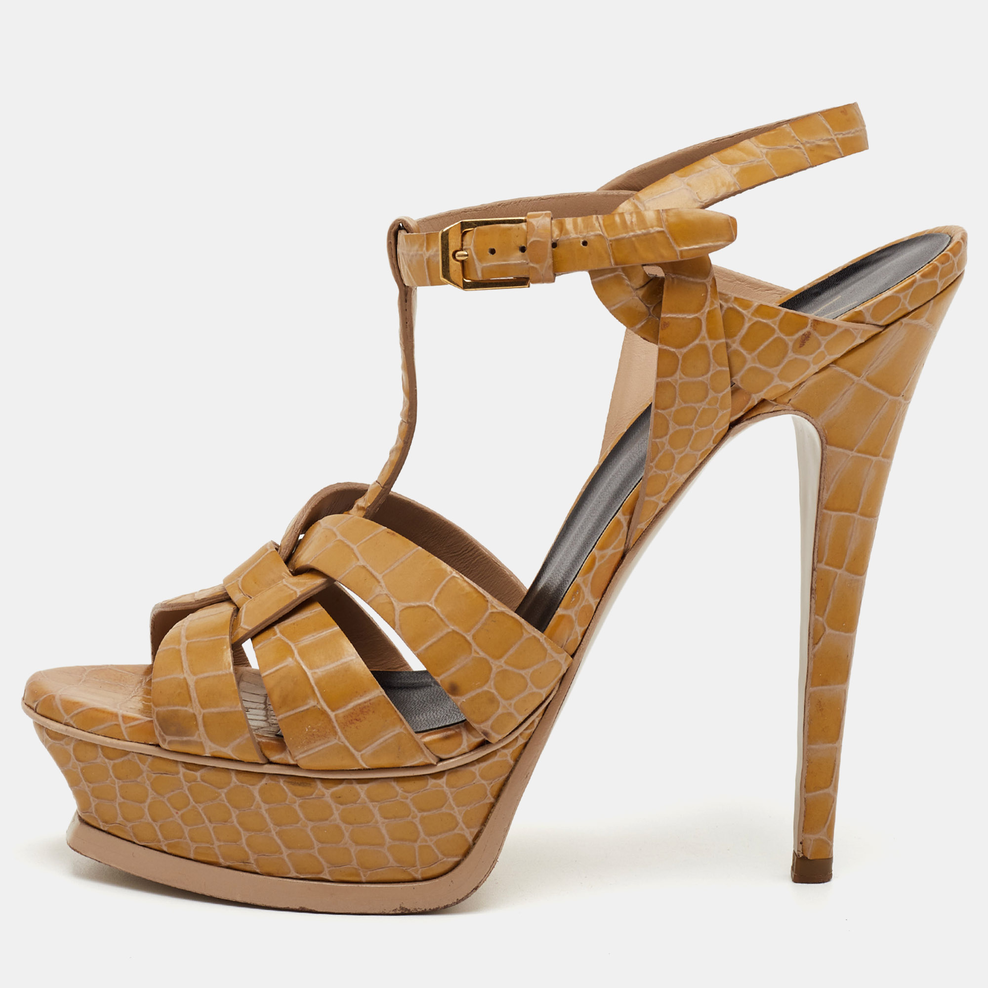 

Saint Laurent Tribute Size  Beige Croc Embossed Leather Platform Sandals