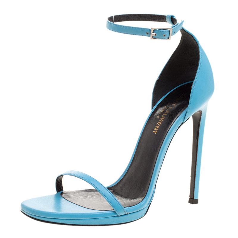مملوكة مسبقًا Saint Laurent Paris Light Blue Leather Jane Ankle Strap Sandals Size 38