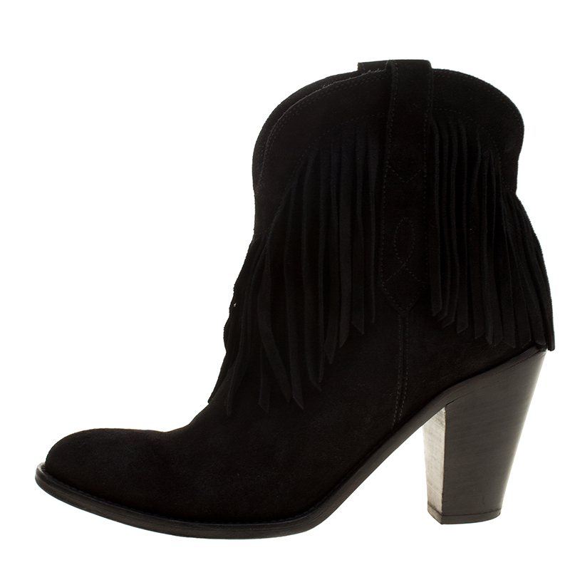 

Saint Laurent Paris Black Suede Fringe New Western Boots Size