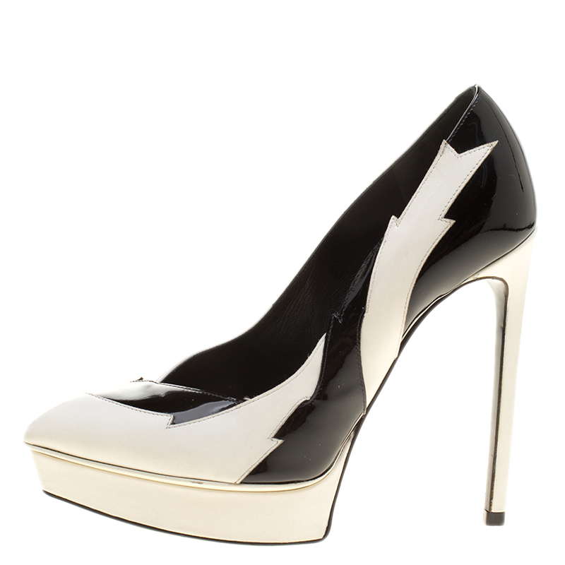 

Saint Laurent Paris Black/White Leather Janis Lightning Splash Pointed Platform Pumps Size