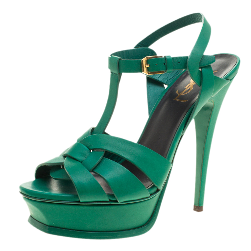 Pre Owned Saint Laurent Paris Green Leather Platform Tribute Sandals Size 38