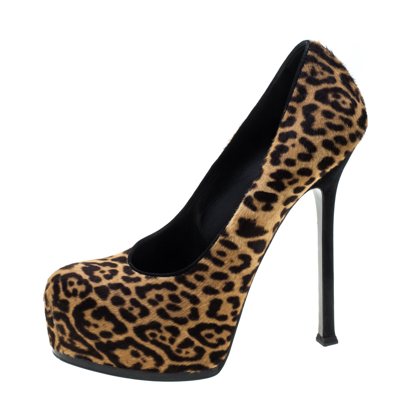 

Saint Laurent Paris Brown Leopard Print Pony Hair Tribtoo Pumps Size