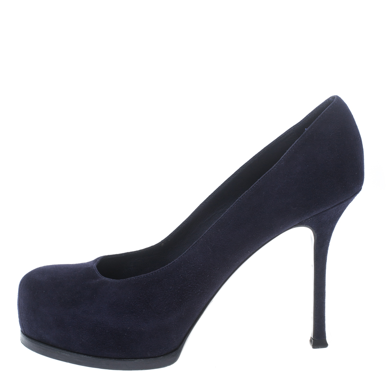 

Saint Laurent Paris Oxford Blue Suede Tribtoo Platform Pumps Size