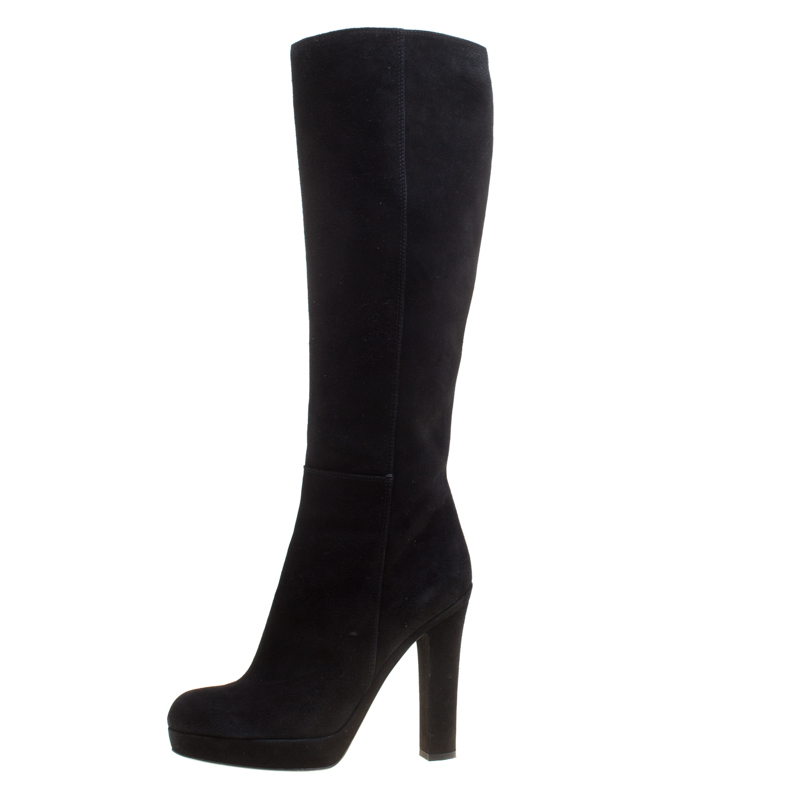 

Saint Laurent Black Suede Block Heel Knee Length Platform Boots Size