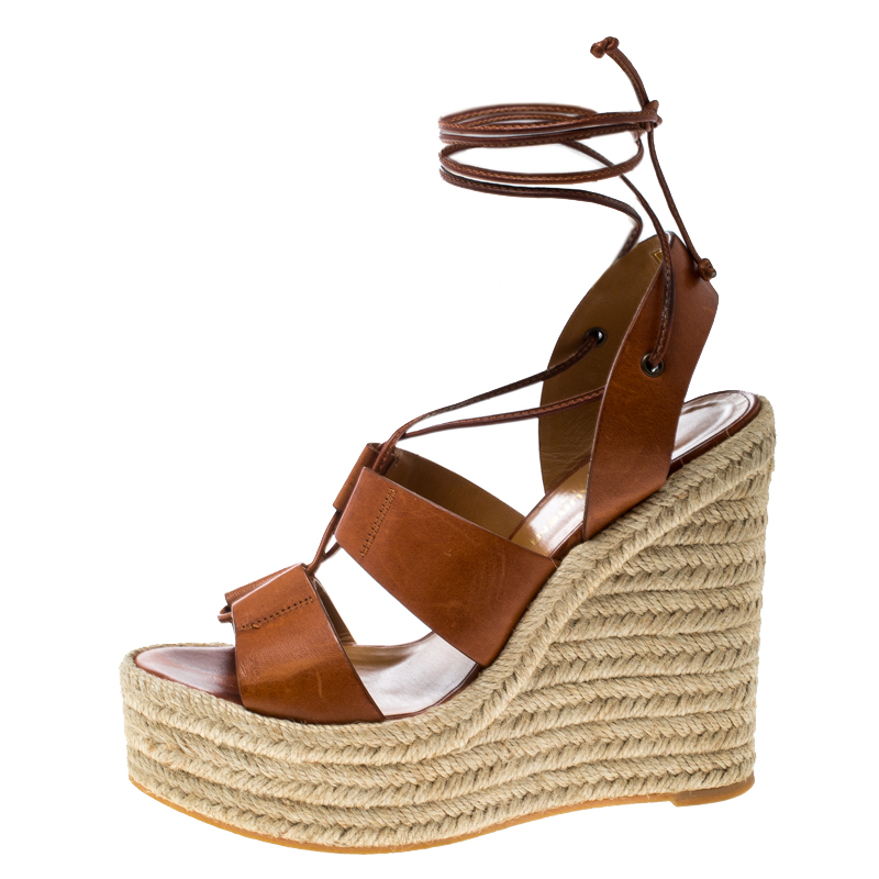 

Saint Laurent Brown Leather Lace Up Espadrille Wedge Sandals Size