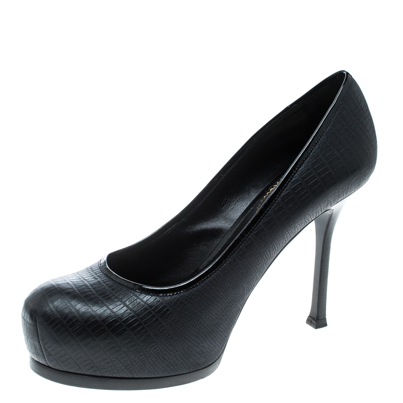 مملوكة مسبقًا حذاء كعب عالي سان لوران باريس نعل سميك تريبتو جلد نقش سحلية أسود مقاس 38