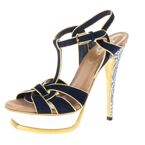 Pre Owned Saint Laurent Paris Suede and Metallic Platform Tribute Sandals Size 37