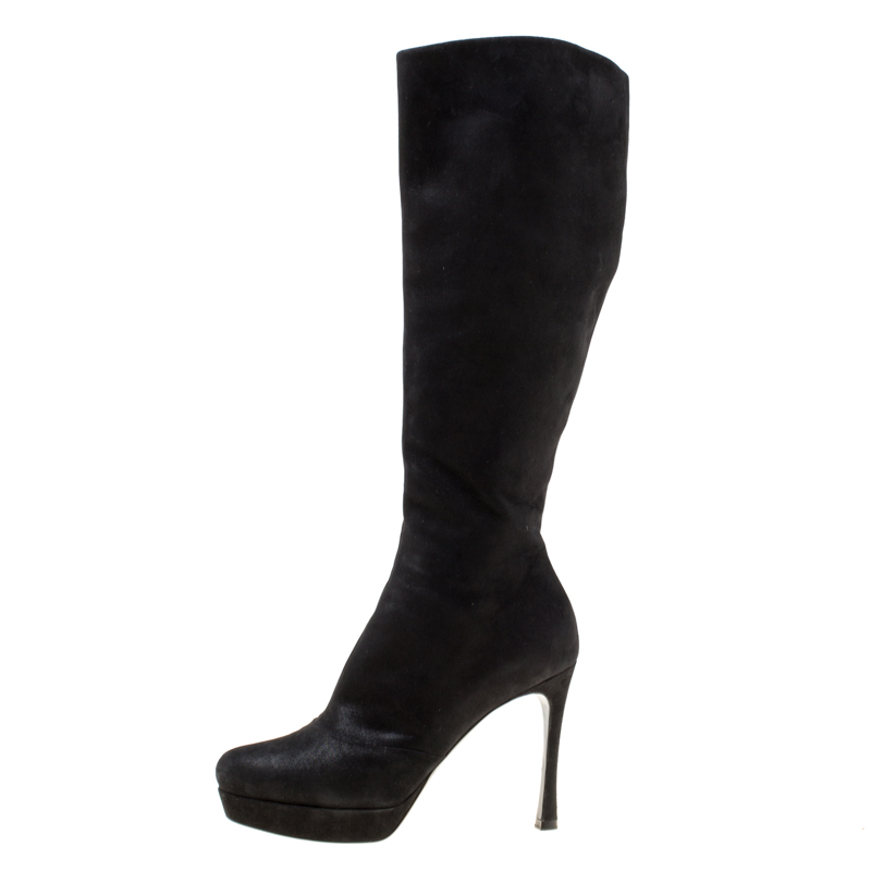 

Saint Laurent Paris Black Shimmering Suede Knee Length Platform Boots Size