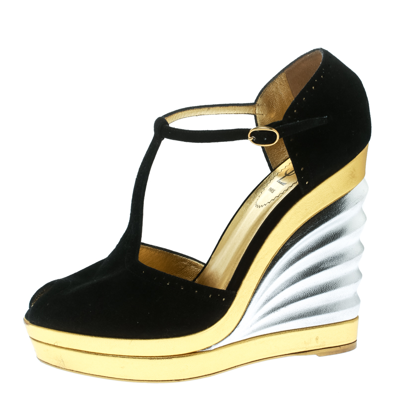 

Saint Laurent Paris Black Suede Peep Toe Wedge Platform Sandals Size