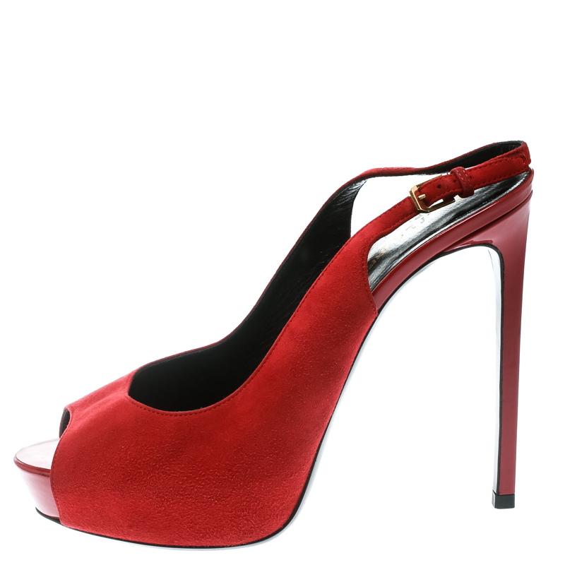 

Saint Laurent Red Suede Leather Peep Toe Platform Slingback Sandals Size