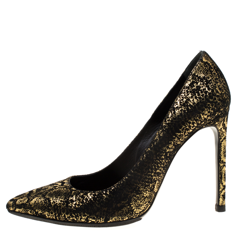 

Saint Laurent Paris Metallic Gold And Textured Black Suede Pointed Toe Pumps Size