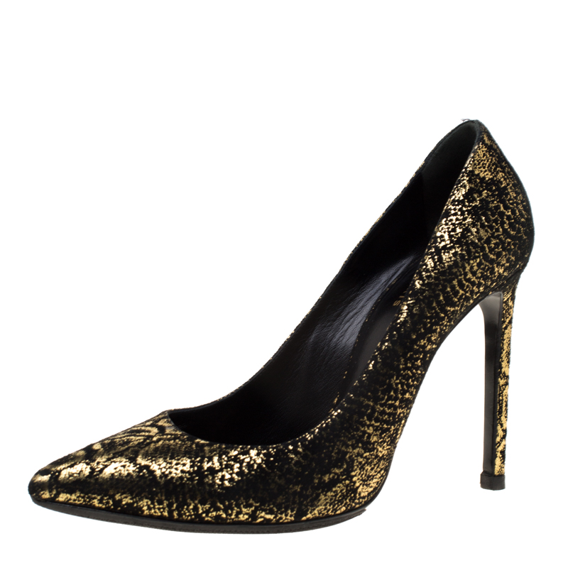 مملوكة مسبقًا Saint Laurent Paris Metallic Gold And Textured Black Suede Pointed Toe Pumps Size 38