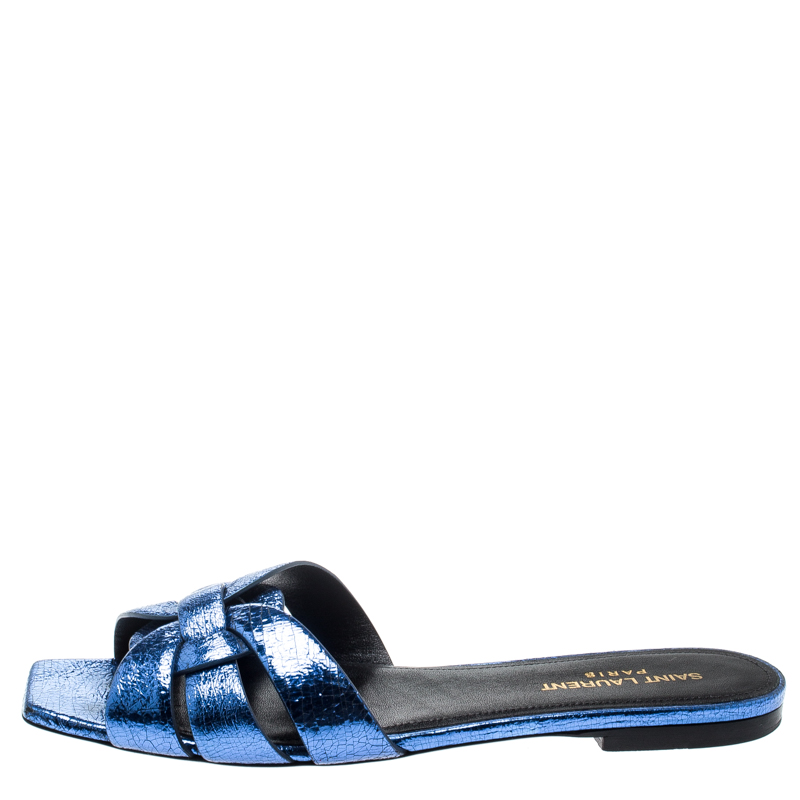 

Saint Laurent Paris Metallic Blue Textured Leather Tribute Flat Slides Size