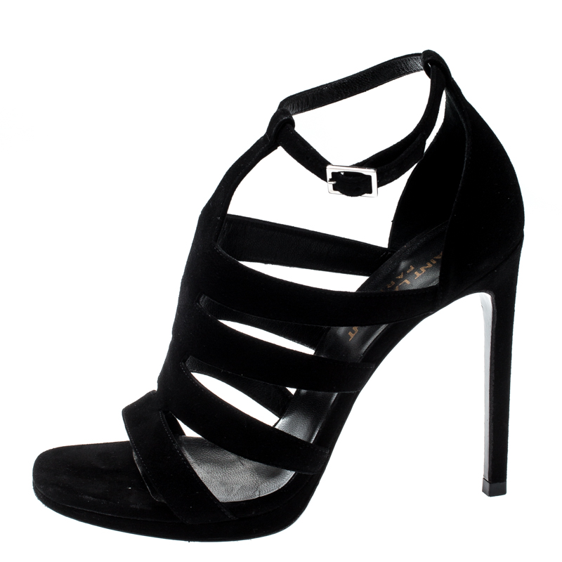 

Saint Laurent Paris Black Suede Cut Out Ankle Strap Sandals Size